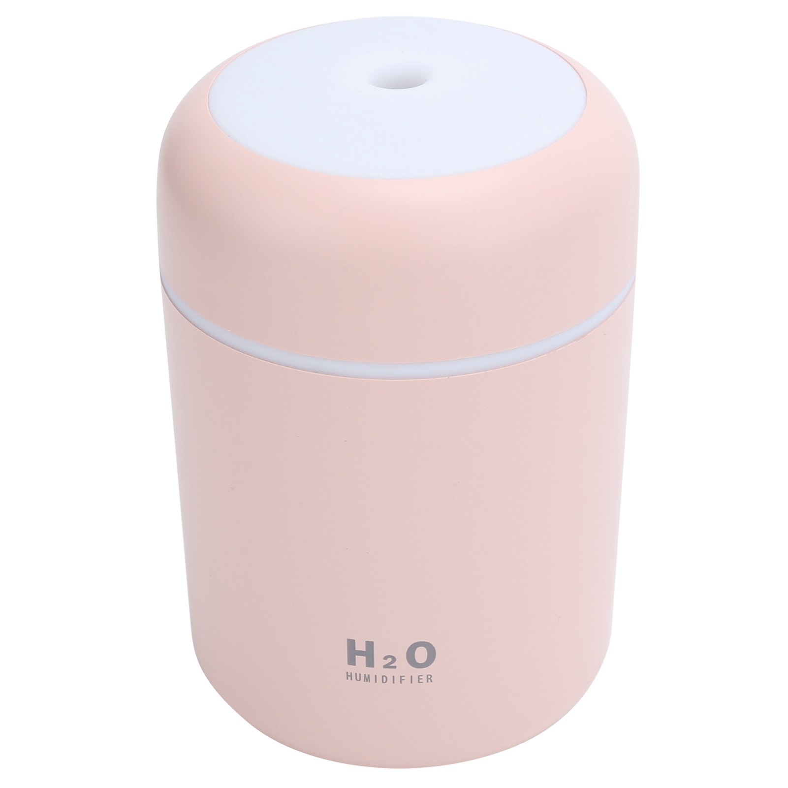 Ein zartrosa zylindrischer Luftbefeuchter mit weißer Oberseite und der Aufschrift H2O HUMIDIFIER auf einem weißen Hintergrund.