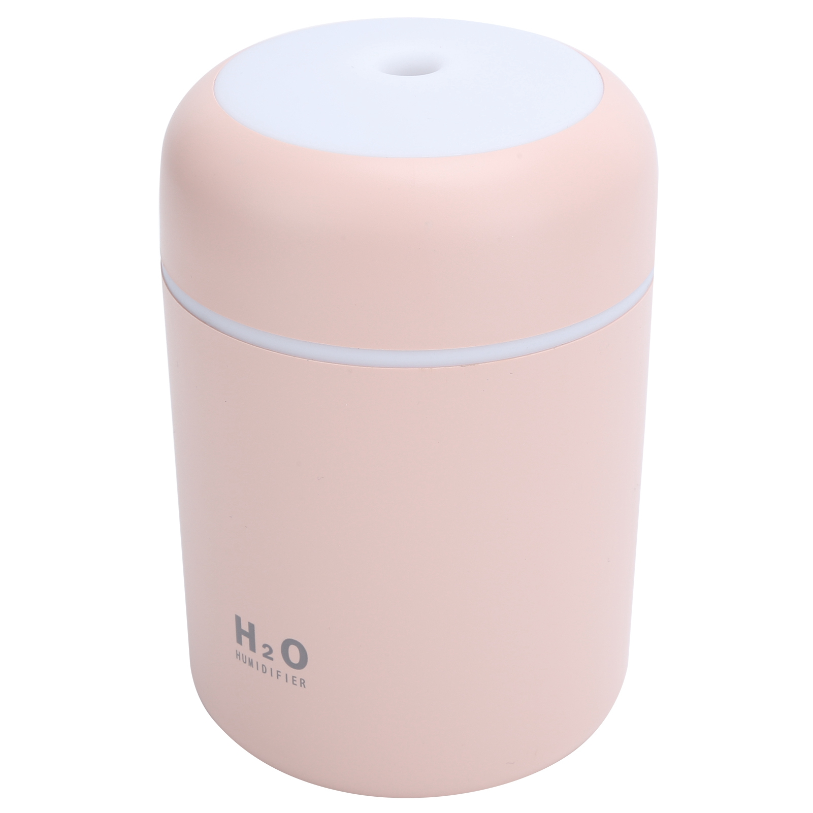 Ein rosa-weißer H2O-Luftbefeuchter-Zylinder auf schlichtem weißem Hintergrund.