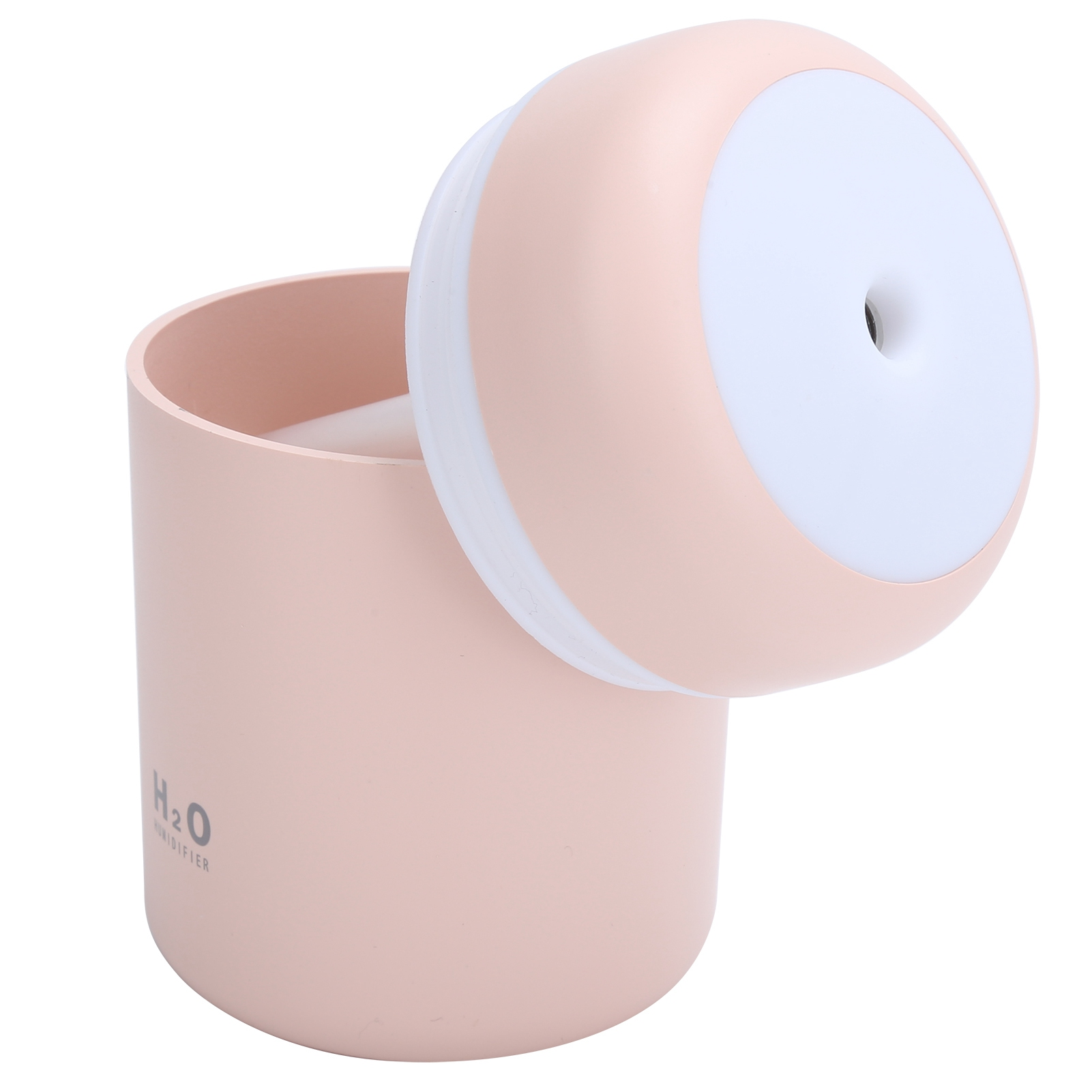 Ein offener, rosa Mini-Luftbefeuchter mit weißem Deckel und der Aufschrift H2O auf weißem Hintergrund.