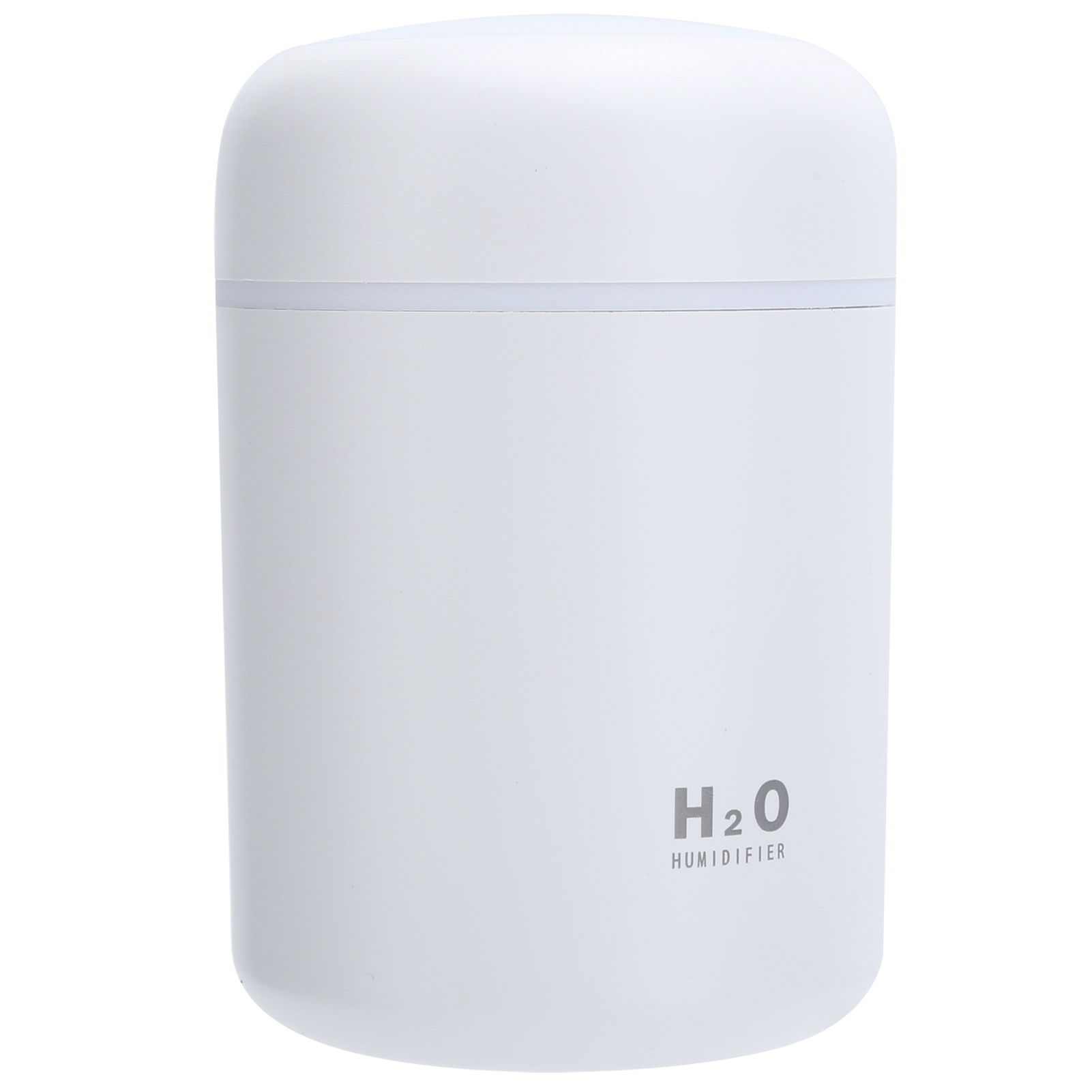 Ein weißer zylindrischer Luftbefeuchter mit der Aufschrift H2O Humidifier auf einem weißen Hintergrund.