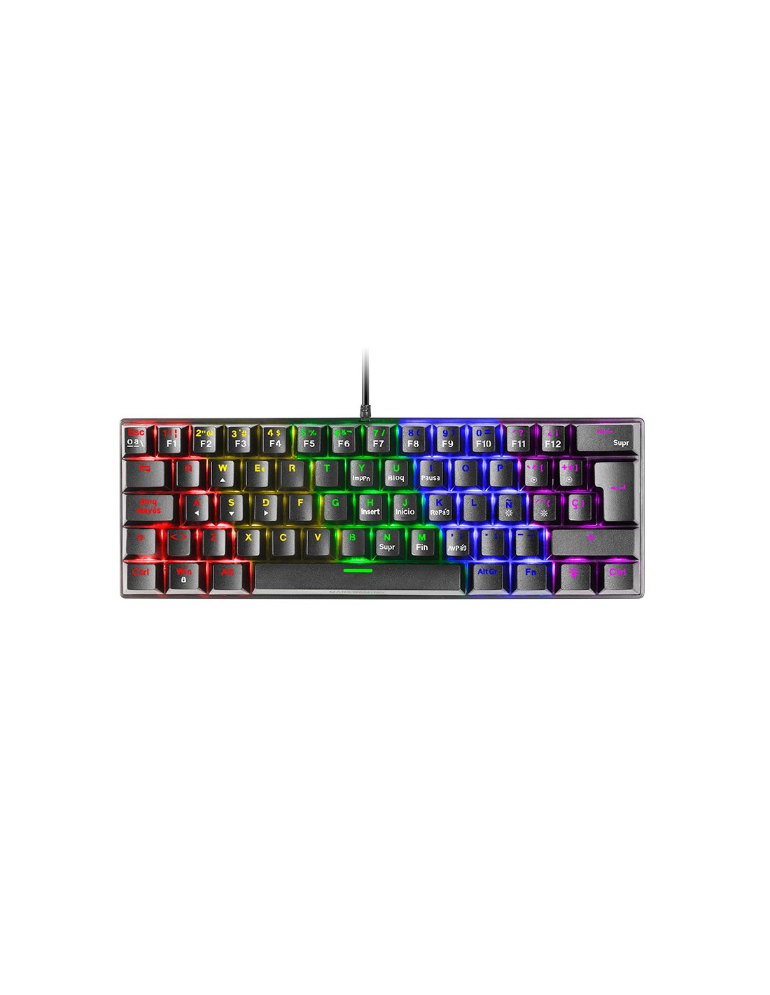 Una tastiera nera compatta con vivace retroilluminazione RGB su sfondo bianco.