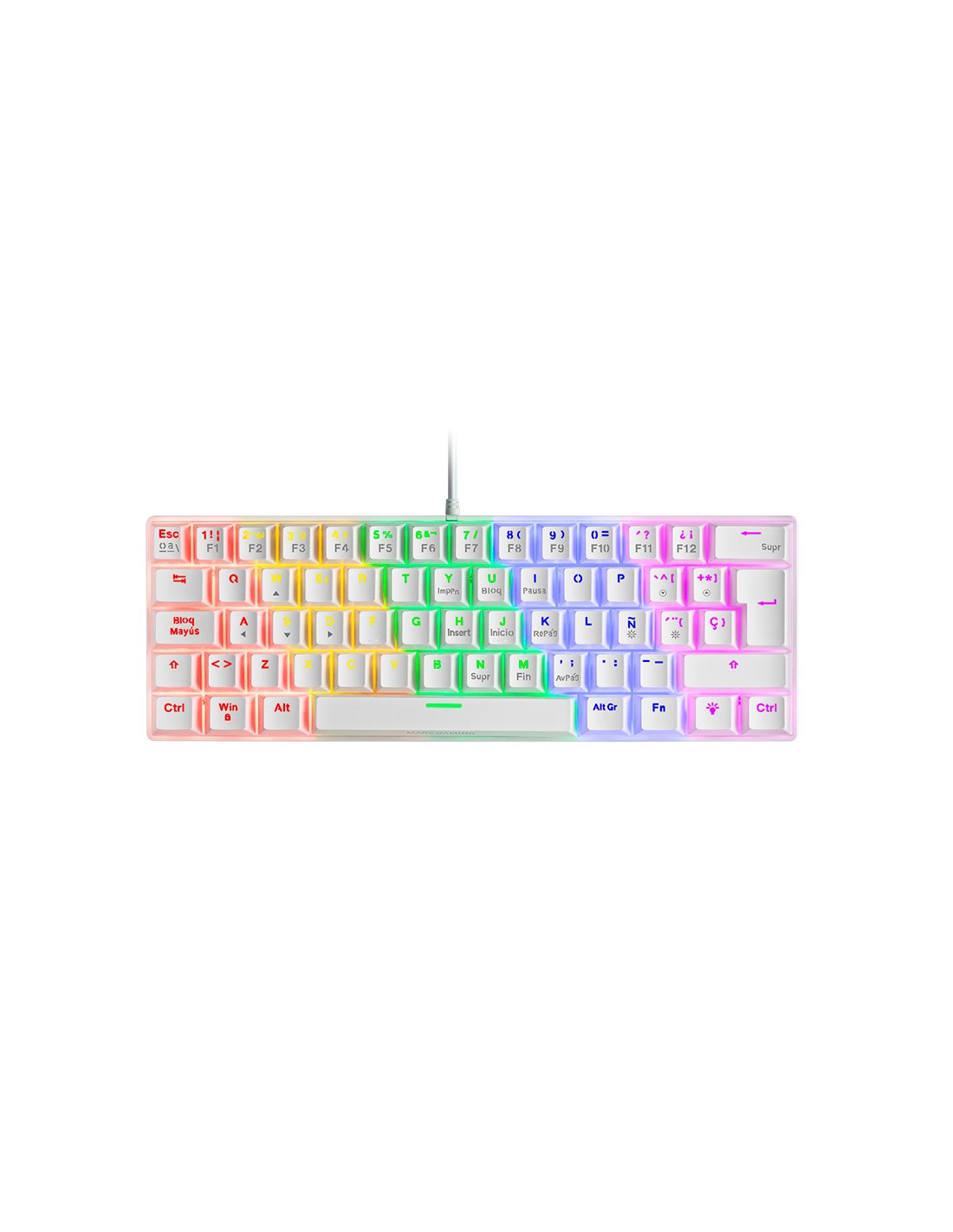 Una tastiera da gioco compatta bianca con retroilluminazione RGB colorata su sfondo bianco.