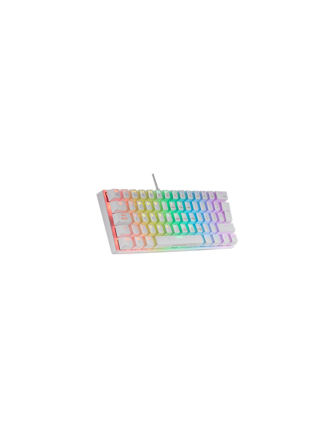 Una tastiera bianca compatta con retroilluminazione RGB su sfondo bianco.