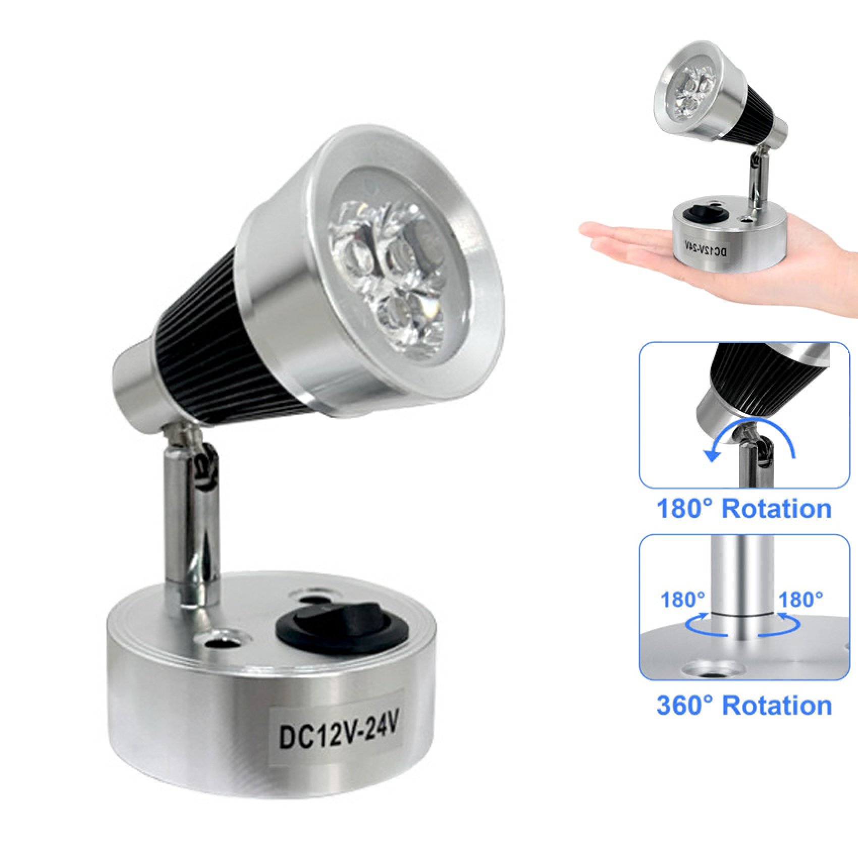 Kleine silberne LED-Leuchte mit 180-Grad- und 360-Grad-Drehfunktion auf einer offenen Hand.