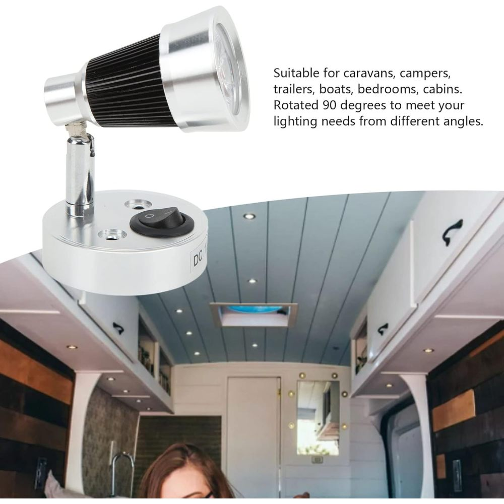Verstellbare LED-Leselampe mit Schalter in hellem Interieur.