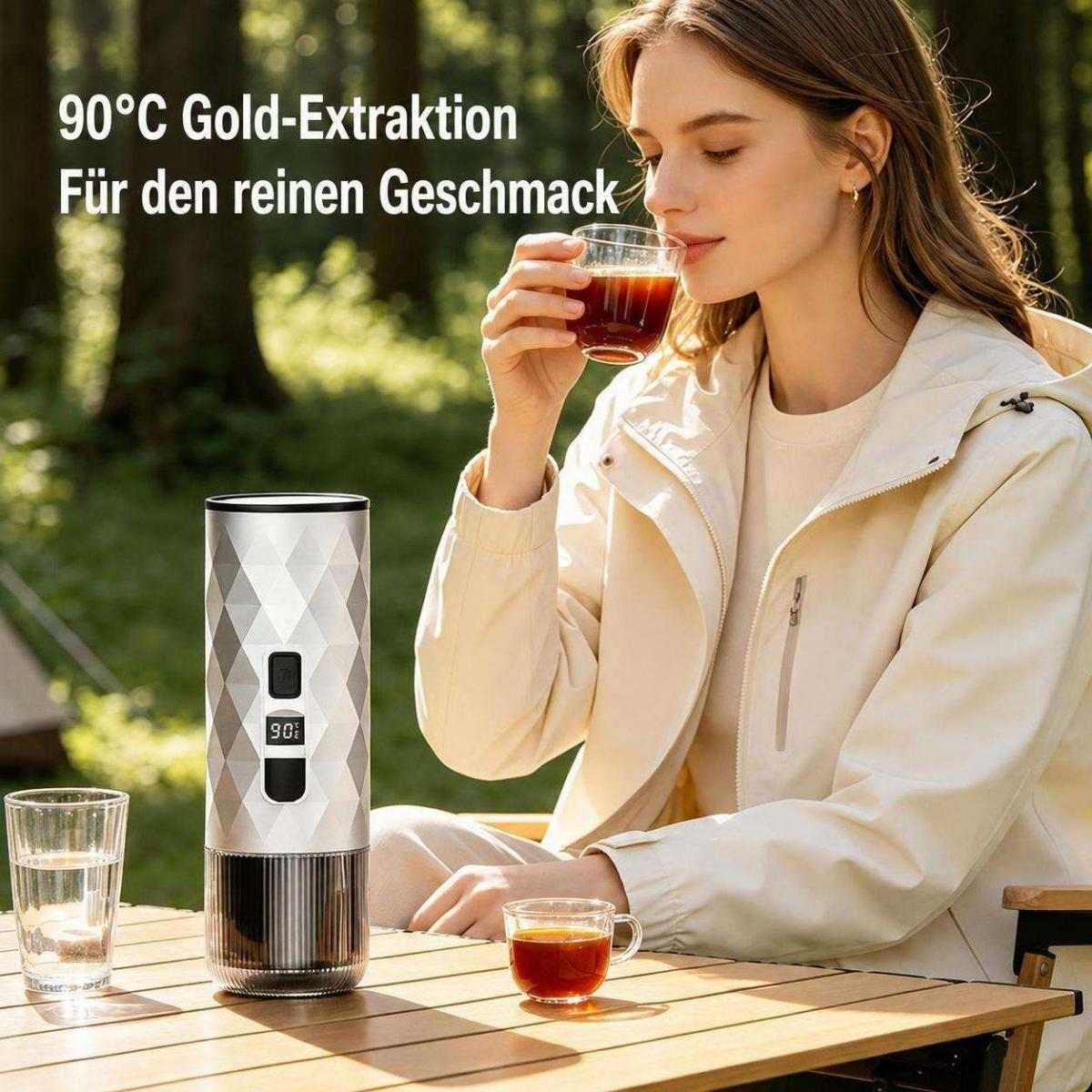 Eine Frau sitzt draußen und trinkt Kaffee aus einem Glas, neben einem tragbaren Kaffeebereiter auf einem Holztisch.