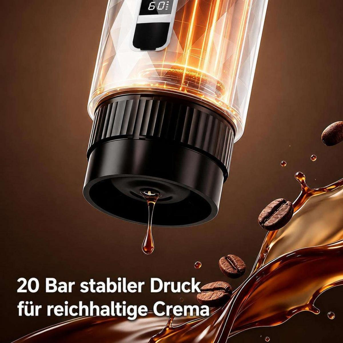 Kaffeemaschine tropft frischen Kaffee, umgeben von Kaffeebohnen und Spritzern auf braunem Hintergrund.