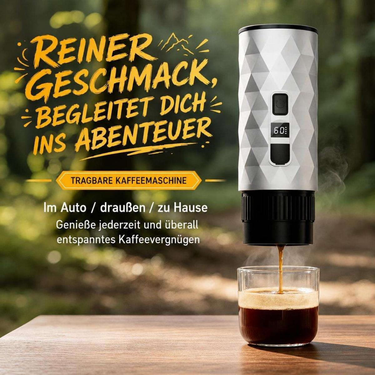 Eine tragbare Kaffeemaschine brüht frischen Kaffee in eine Tasse auf einem Holztisch im Freien.