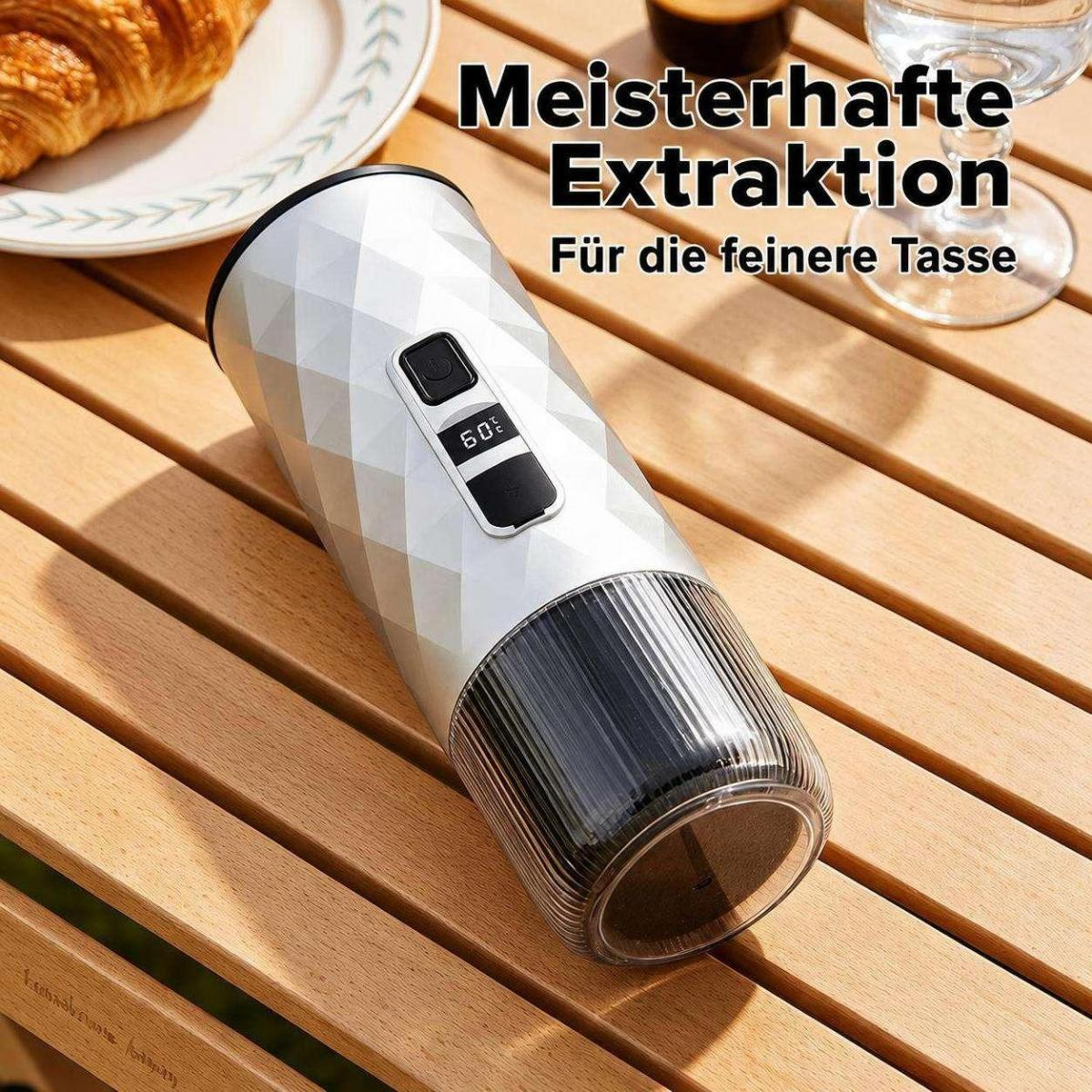 Eine weiße tragbare elektrische Kaffeemühle mit strukturiertem geometrischem Muster liegt auf einem Holztisch.
