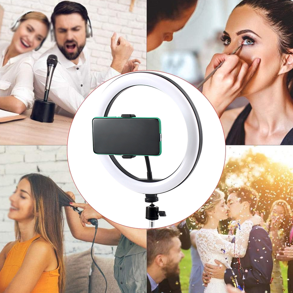 Ringlicht mit Telefonhalterung in der Mitte, umgeben von Bildern zu Make-up, Gesang und Hochzeit.