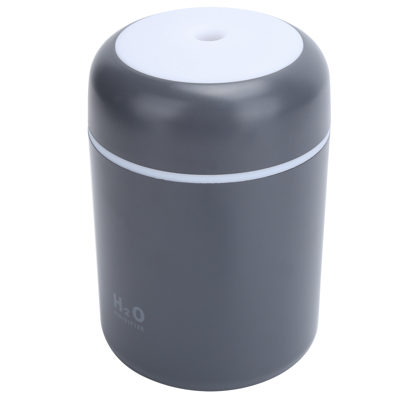 Ein grauer zylindrischer Luftbefeuchter mit weißem Deckel und dem Aufdruck H2O Humidifier.