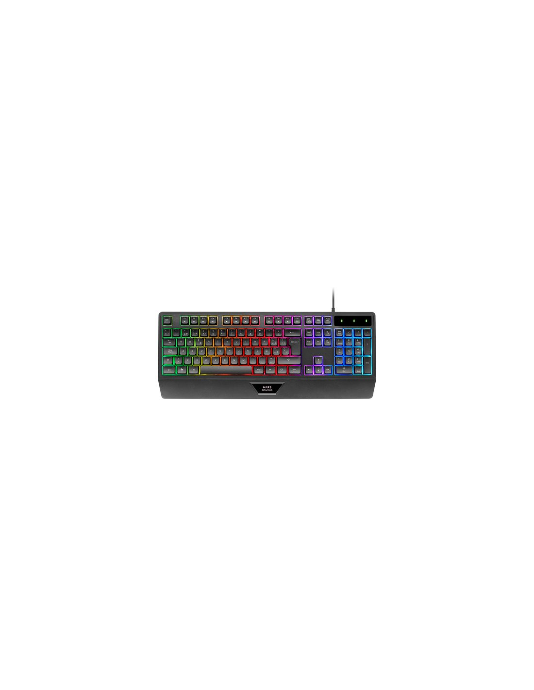 Un teclado para juegos negro con retroiluminación RGB colorida sobre fondo blanco.