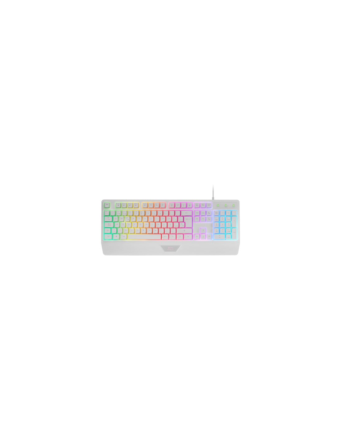 Un teclado de computadora blanco con retroiluminación RGB vibrante y reposamuñecas sobre fondo blanco.