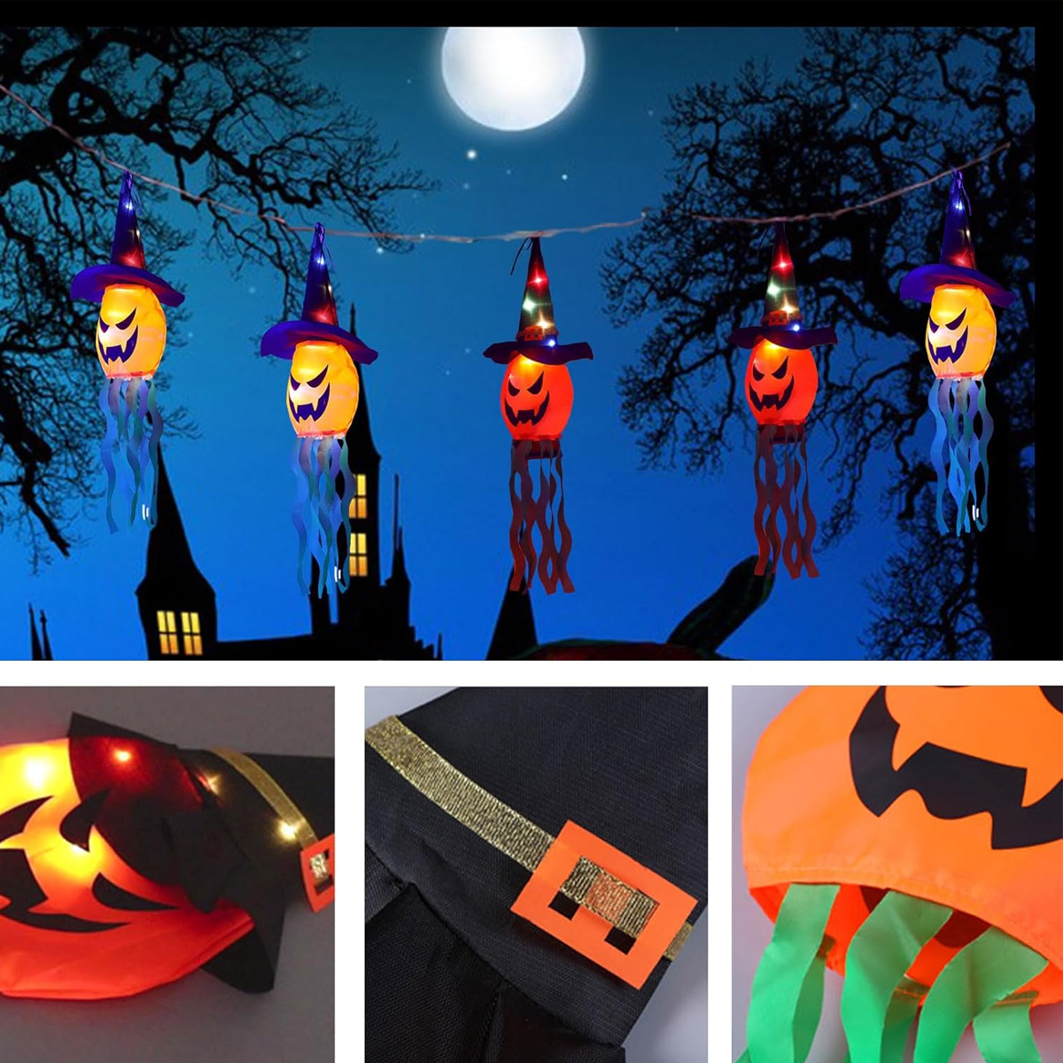 Fünf leuchtende Halloween-Kürbislaternen mit Hexenhüten vor mondheller Nacht und Schloss.