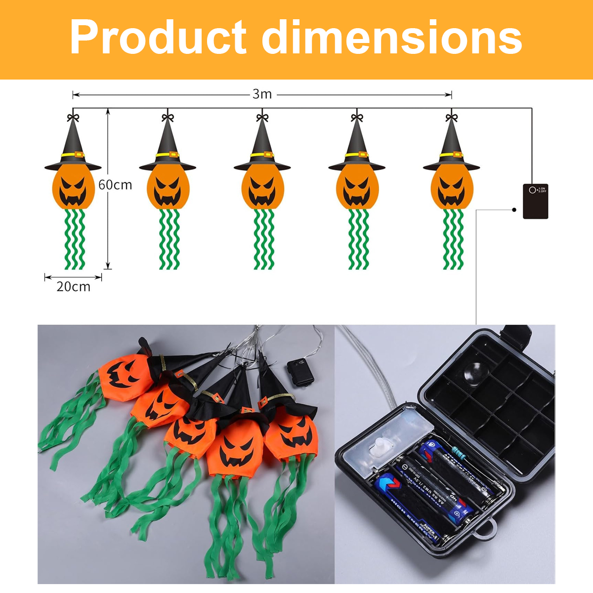 Diagramm zeigt Halloween-Kürbislaternen mit Abmessungen, Batteriebox und Lichtern.