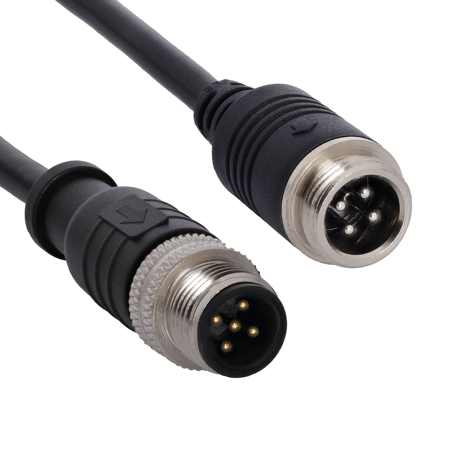 Zwei schwarze Kabel mit Metall-Schraubsteckern und goldenen Pins vor weißem Hintergrund.