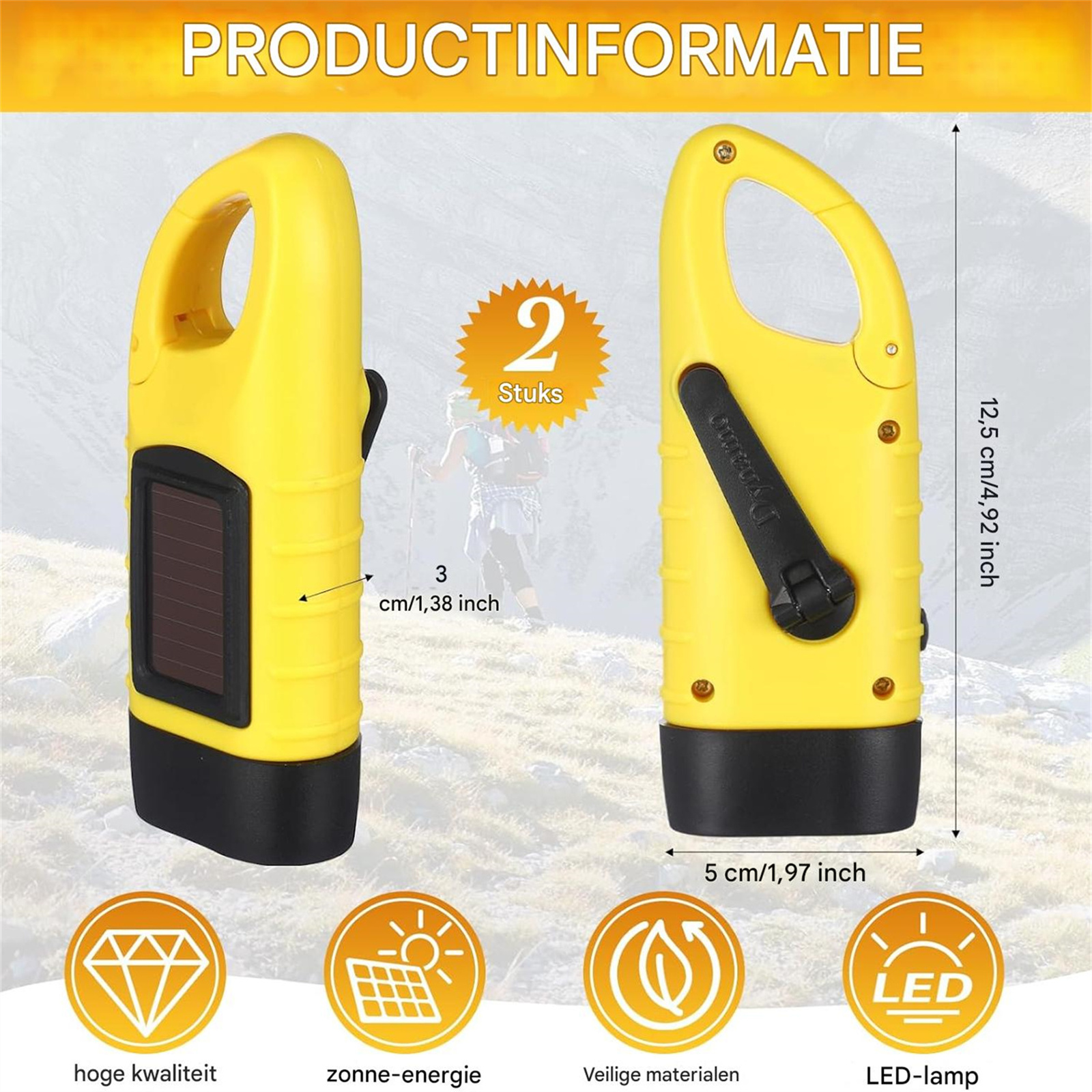 Zwei gelbe Solar-Taschenlampen mit Maßen und Icons für Qualität, Solarenergie, Materialien und LED-Licht.