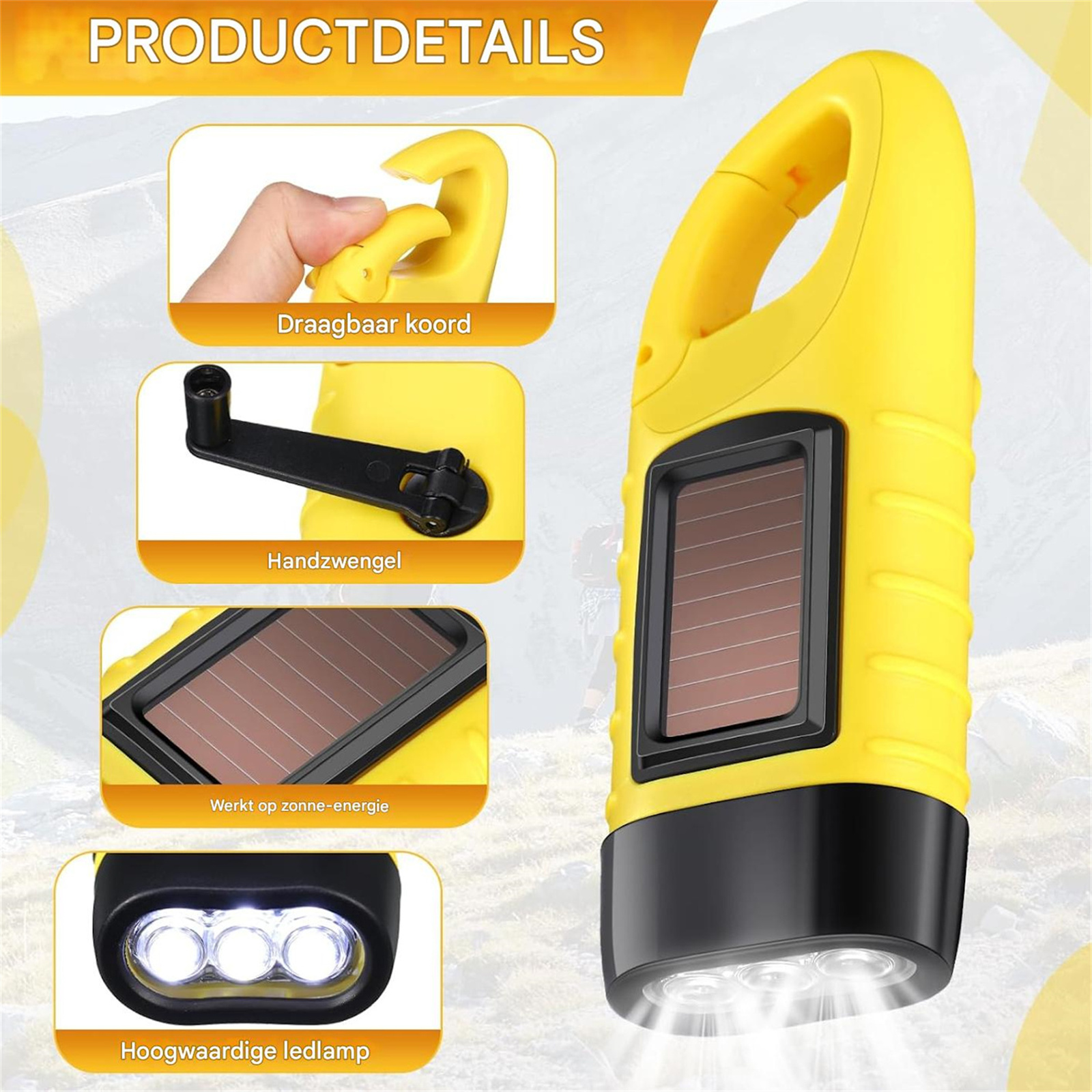 Gelbe Handkurbel-Taschenlampe mit Solarpanel und LED-Leuchten.