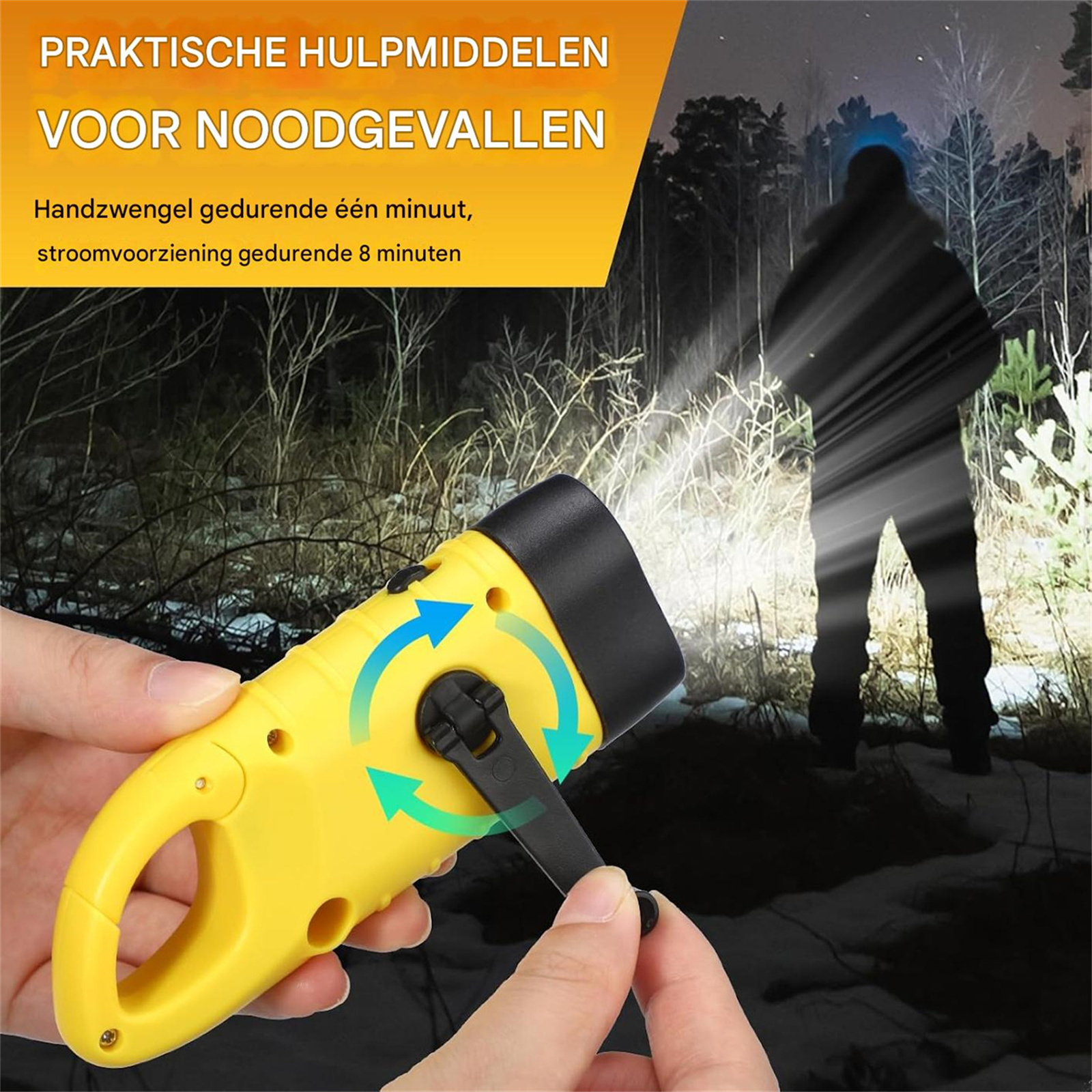 Eine Hand hält eine gelbe Kurbel-Taschenlampe vor einem nächtlichen Wald und beleuchtet eine Person.