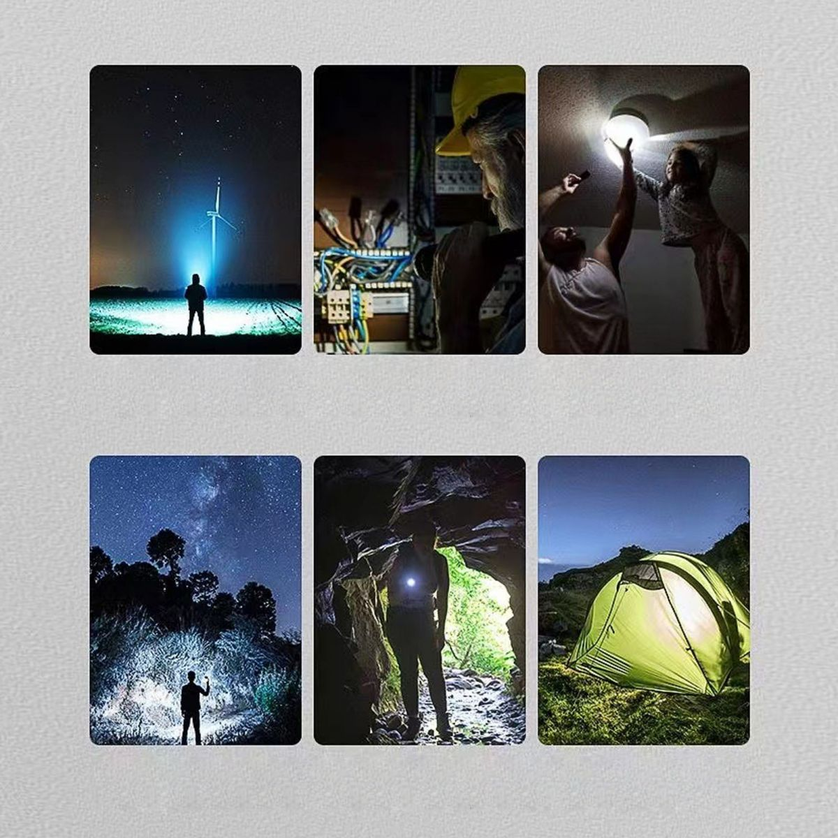 Sechs Bilder zeigen Menschen mit Taschenlampen in Szenen wie Nachtlandschaften, Handwerksarbeiten und beim Camping.
