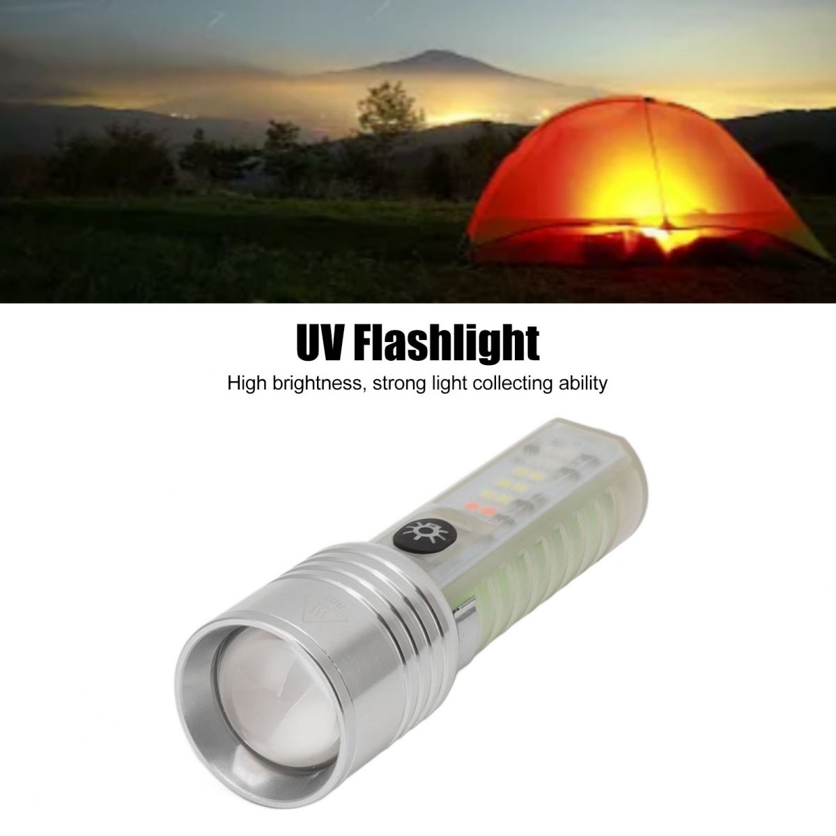 Eine UV-Taschenlampe mit hellem Licht und einem leuchtenden Zelt vor einer Berglandschaft im Hintergrund.