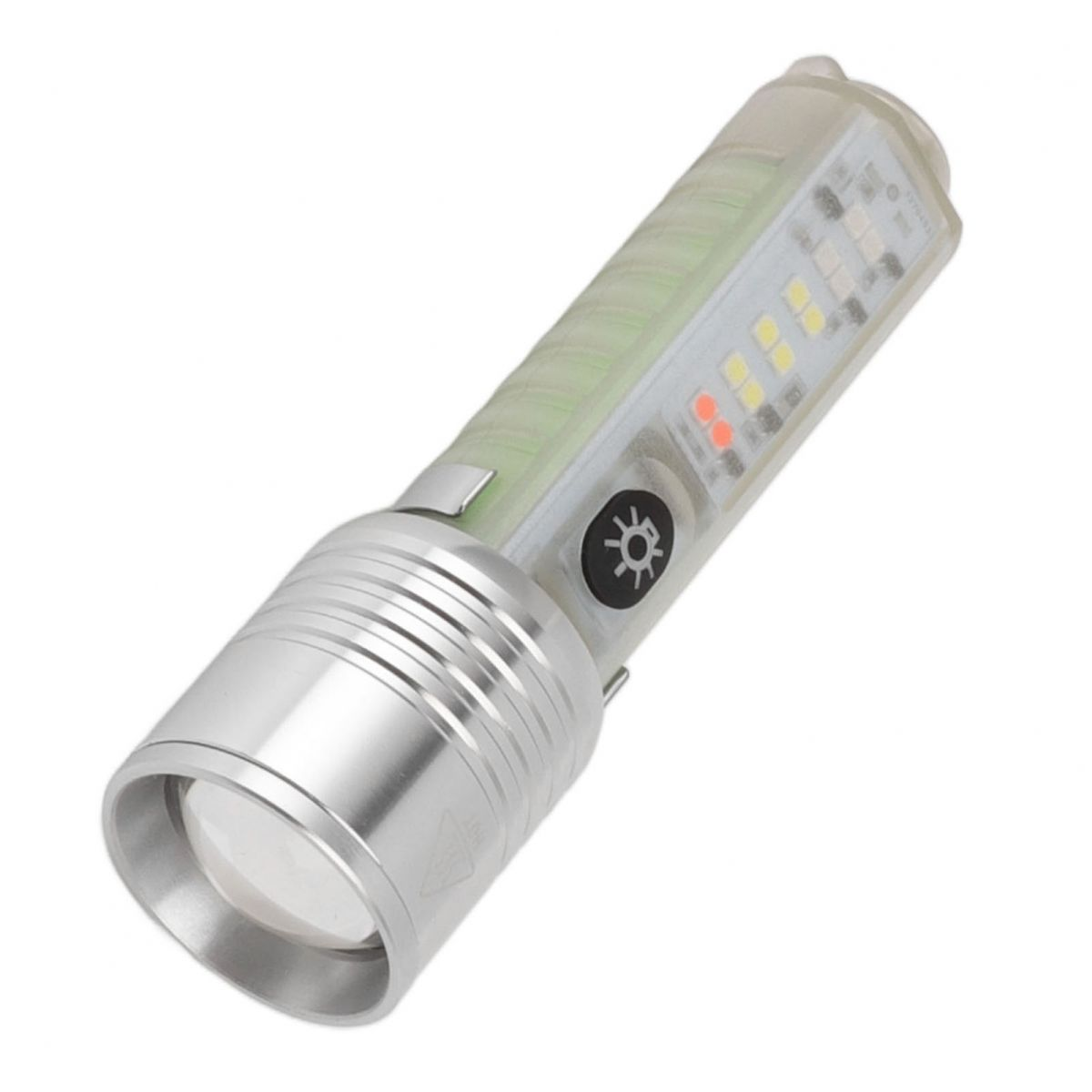 Eine silberne LED-Taschenlampe mit einem durchsichtigen Gehäuse und mehreren kleinen Lichtern auf der Seite.