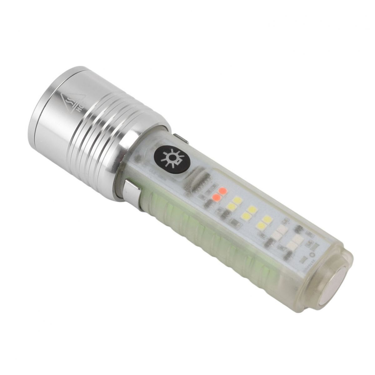 Kompakte silberne Taschenlampe mit transparentem Griff und sichtbaren LEDs gegen weißen Hintergrund.