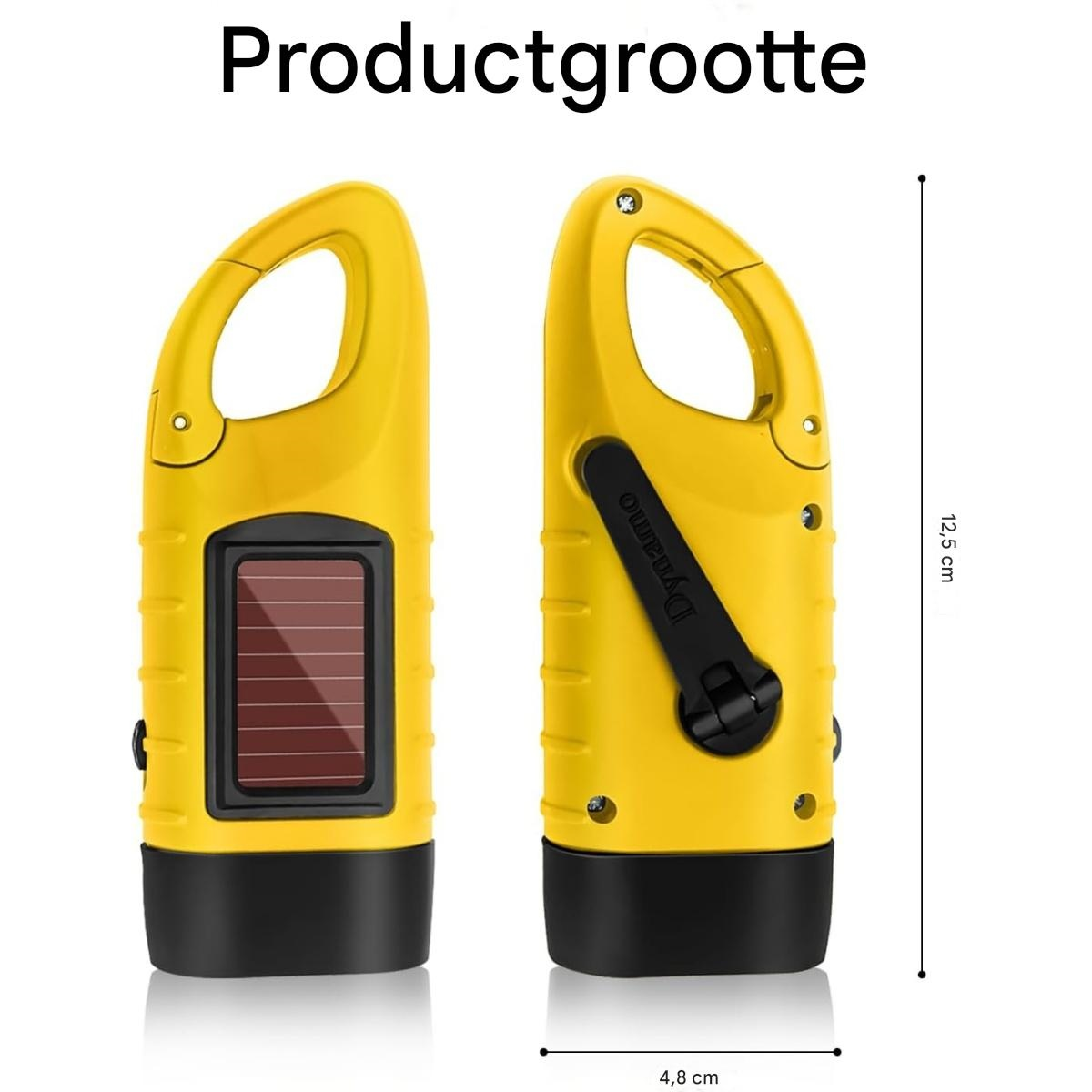 Gelbe Dynamo-Solar-Taschenlampe mit Maßen 12,5 cm Höhe und 4,8 cm Breite auf weißem Hintergrund.