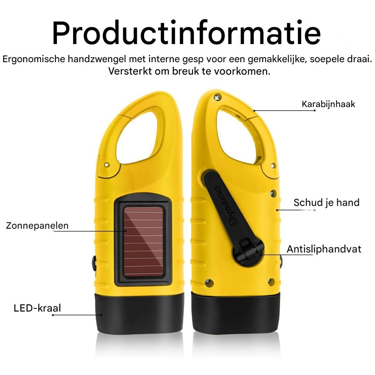 Gelbe Dynamo-Taschenlampe mit Solarpanel und Handkurbel, mit Produktmerkmalen und Beschriftungen.