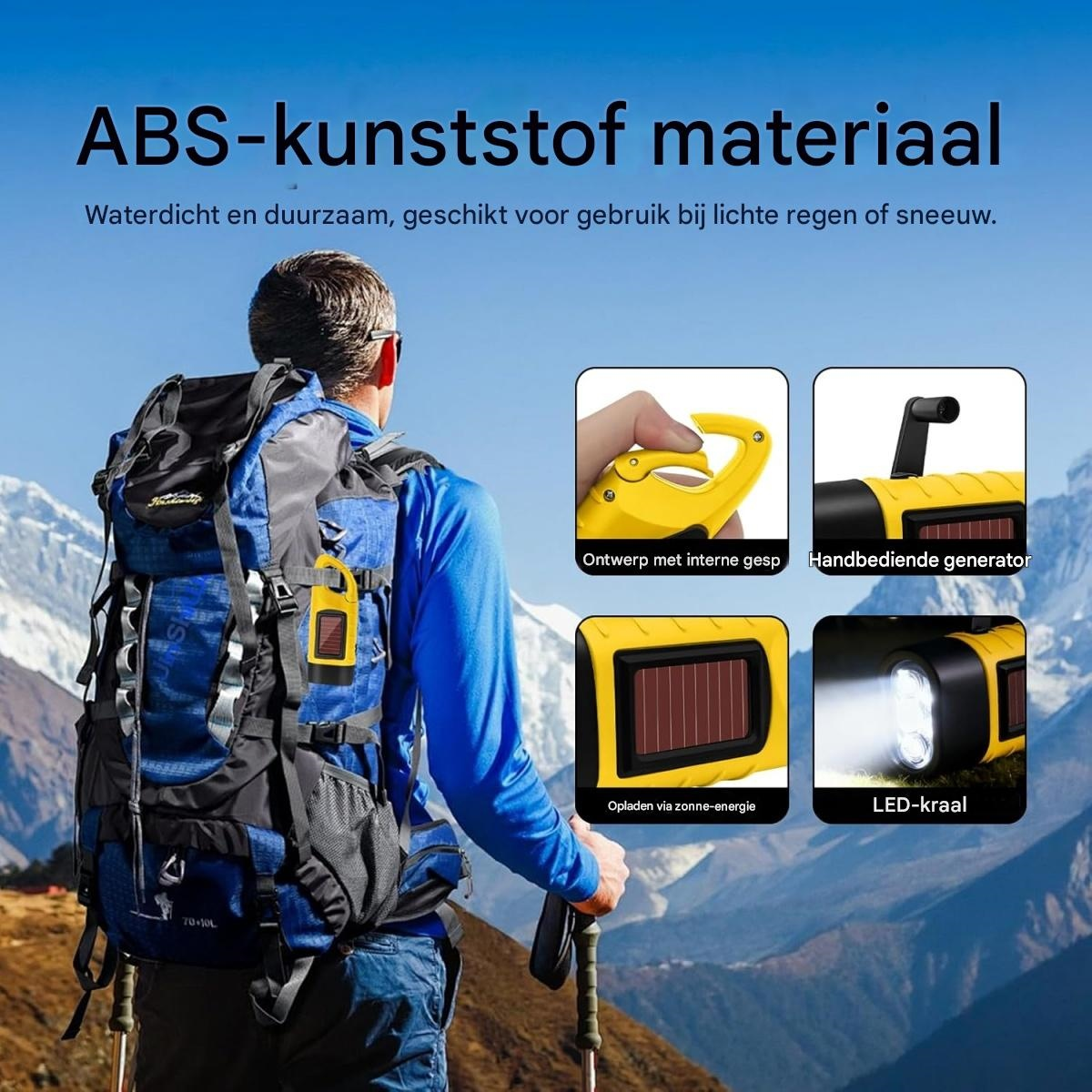 Wanderer mit Rucksack vor Berglandschaft und vier Produkt-Inlays mit Details einer solarbetriebenen Taschenlampe.