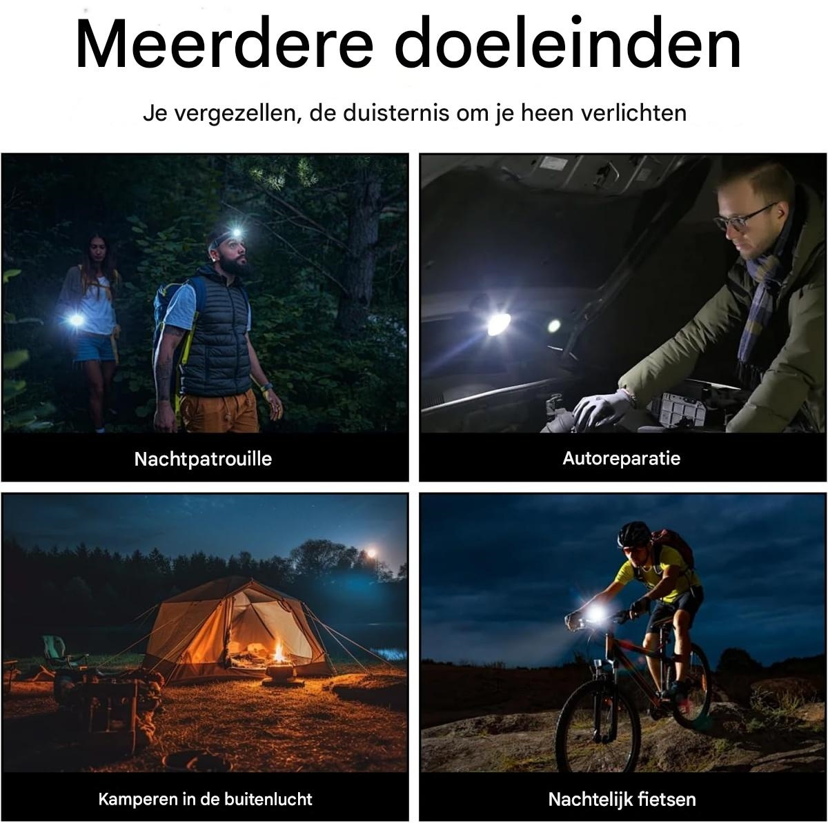 Vier Bilder zeigen Stirnlampen im Einsatz beim Wandern, Autoreparieren, Campen und nächtlichen Radfahren.