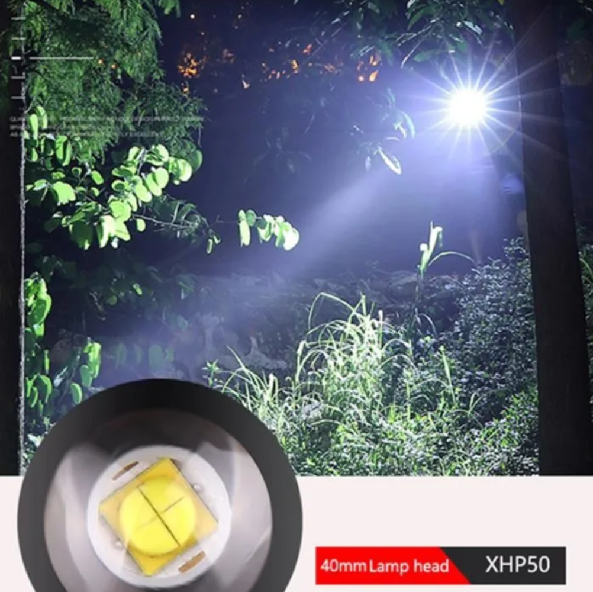 Eine helle Taschenlampe beleuchtet nachts Bäume und Sträucher, unten ist der LED-Lampenkopf mit XHP50 zu sehen.