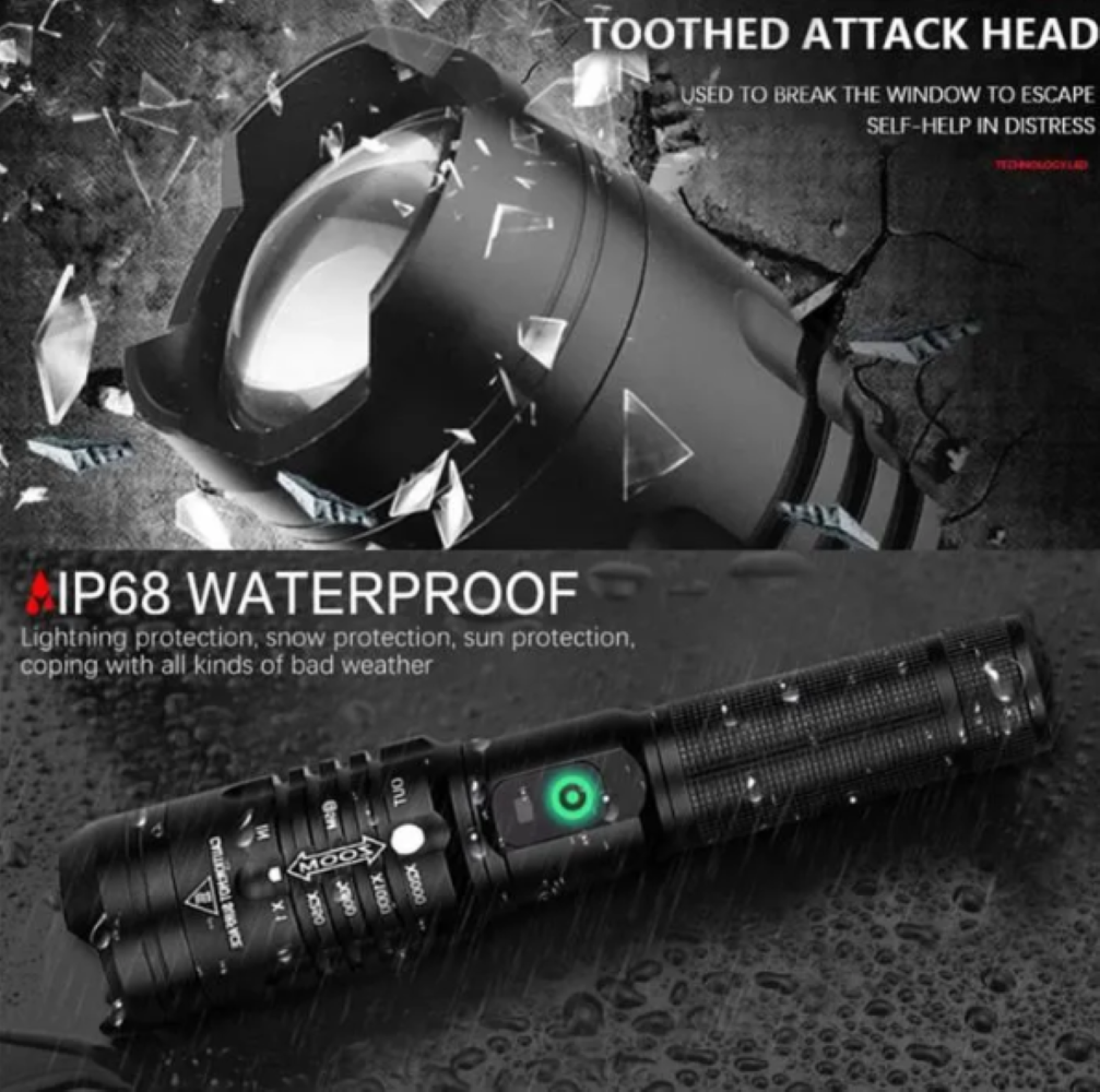 Schwarze Taschenlampe mit gezahntem Angriffskopf und IP68 wasserdichtem Gehäuse.