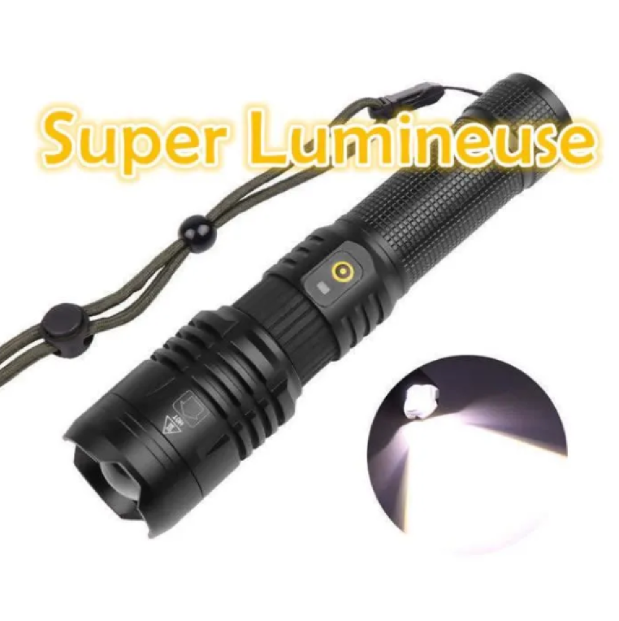 Schwarze Taschenlampe mit Handschlaufe, Text Super Lumineuse und inset Bild des starken Lichtstrahls.