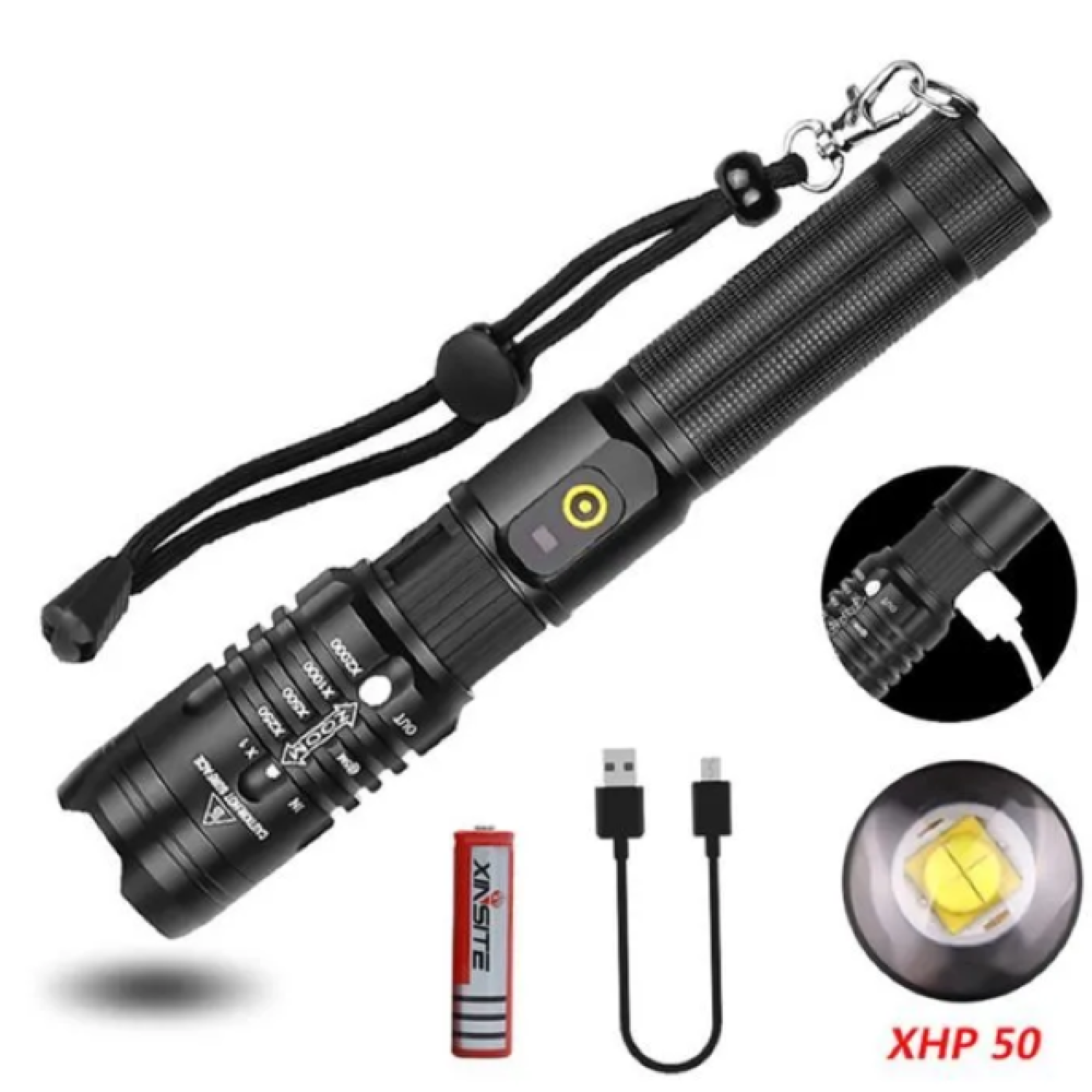 Schwarze Taschenlampe mit Lanyard, Akku, USB-Kabel, Ladeanschluss-Detail und XHP 50 LED-Vorderseite.