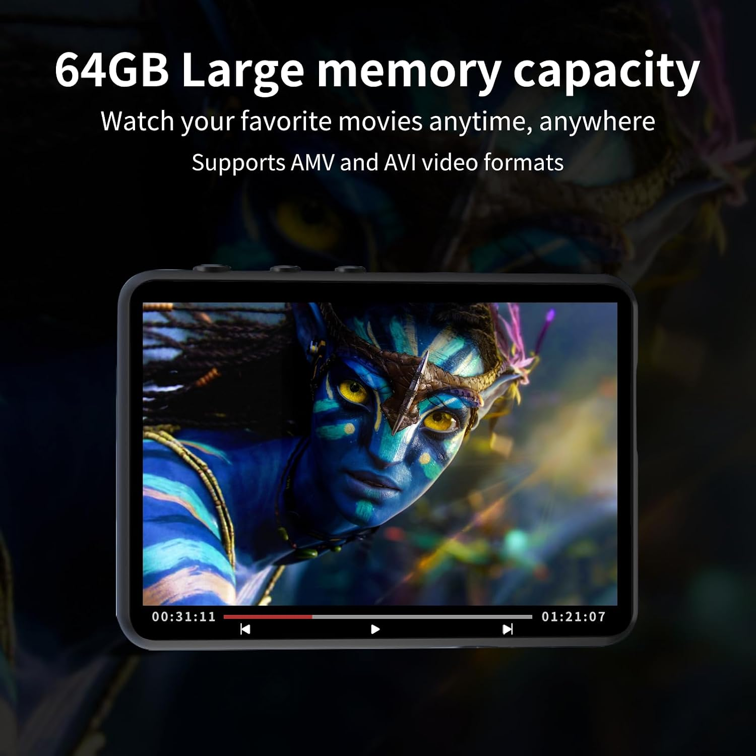 Ein tragbares Gerät mit 64GB Speicher zeigt einen blauen Avatar-Film auf dem Bildschirm.