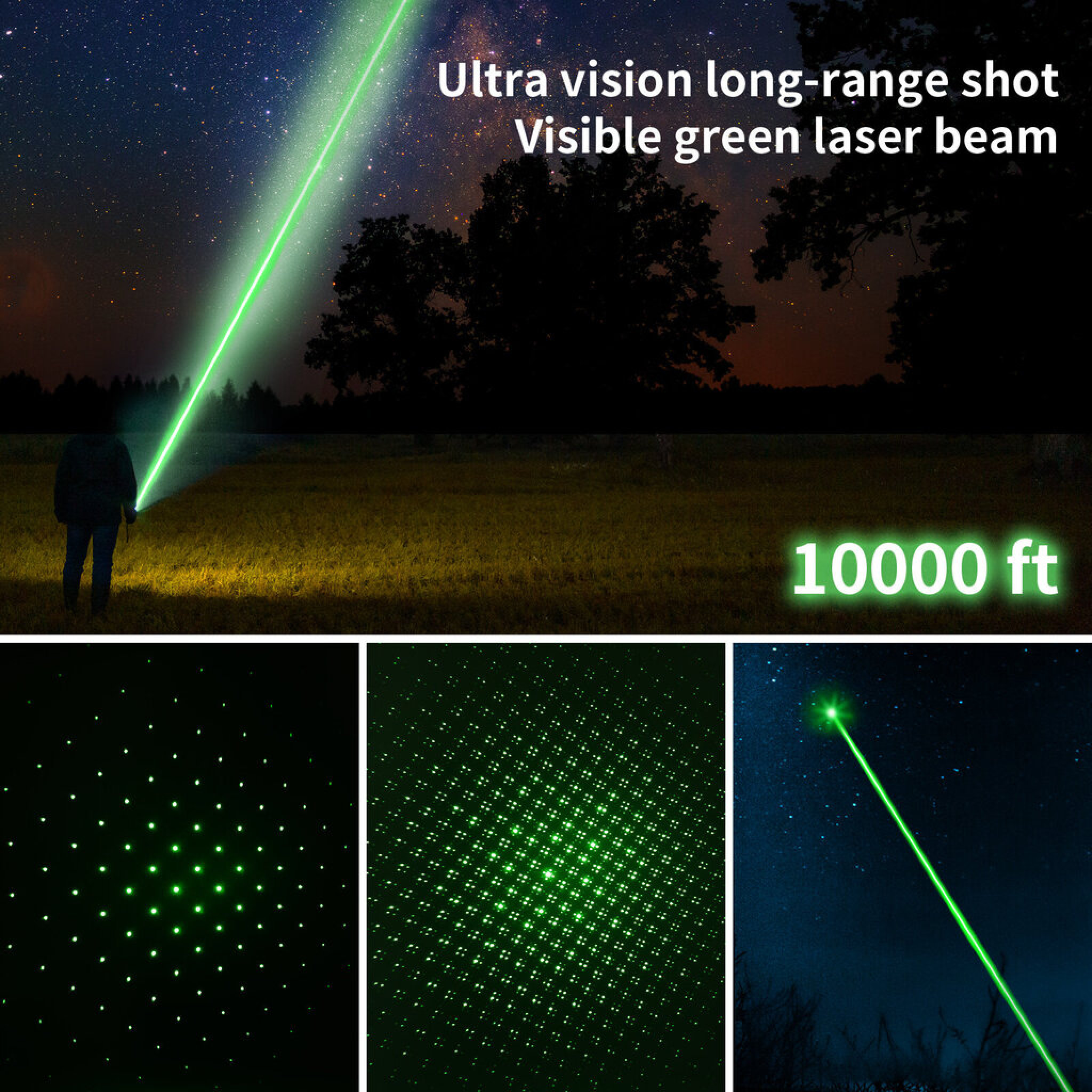 Ein starker grüner Laserstrahl leuchtet in den nächtlichen Himmel, mit Beispielen für Muster.
