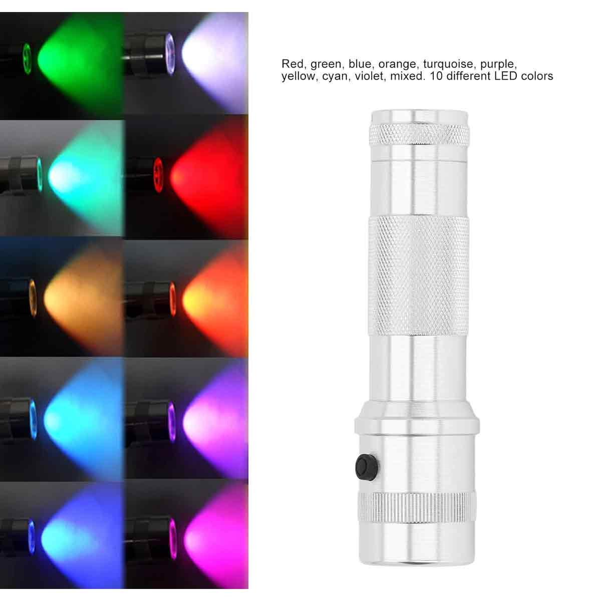 Eine silberne Taschenlampe neben zehn verschiedenfarbigen Lichtstrahlen.