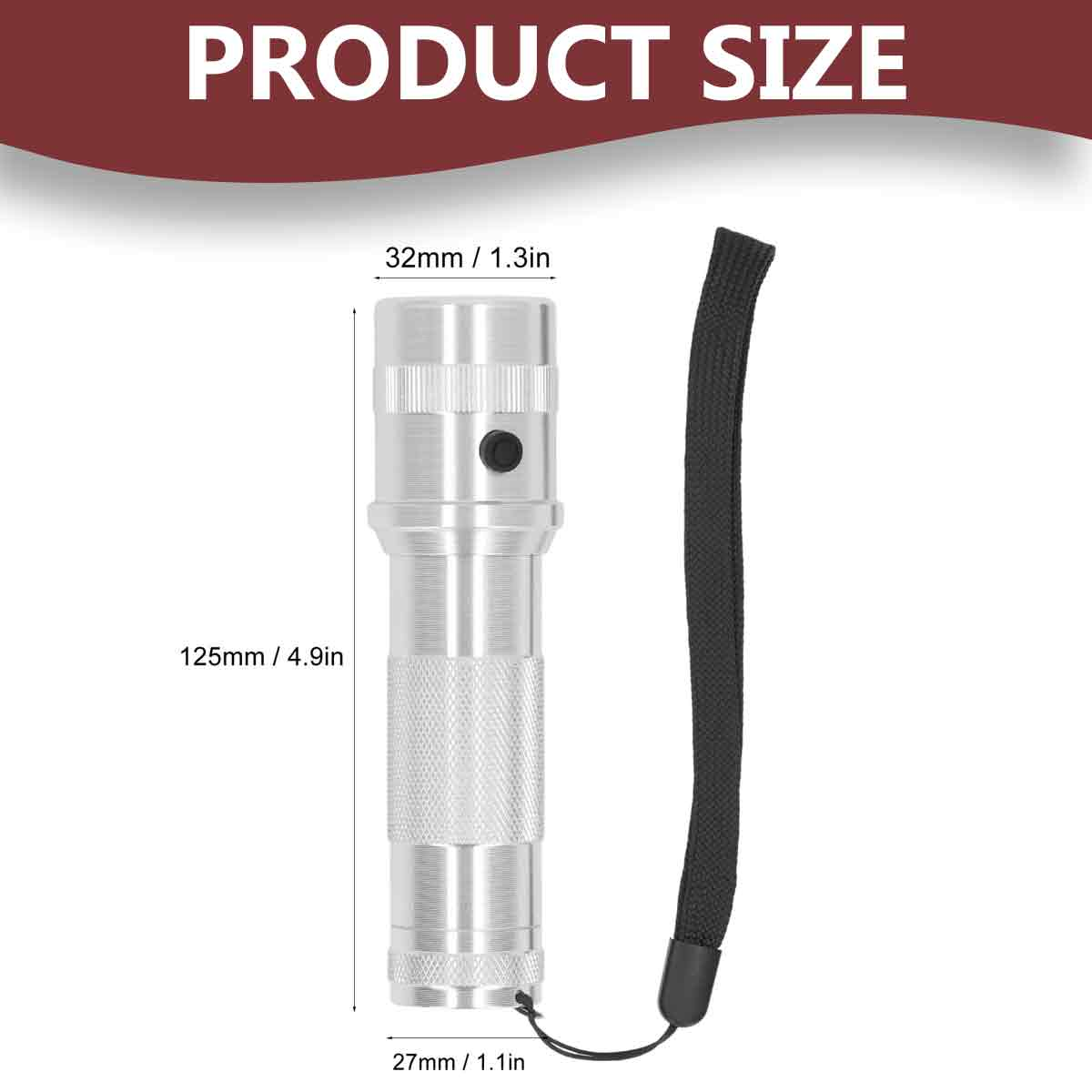 Produktgrößendiagramm einer silbernen Taschenlampe mit Abmessungen in Millimetern und Zoll sowie einer schwarzen Handschlaufe.