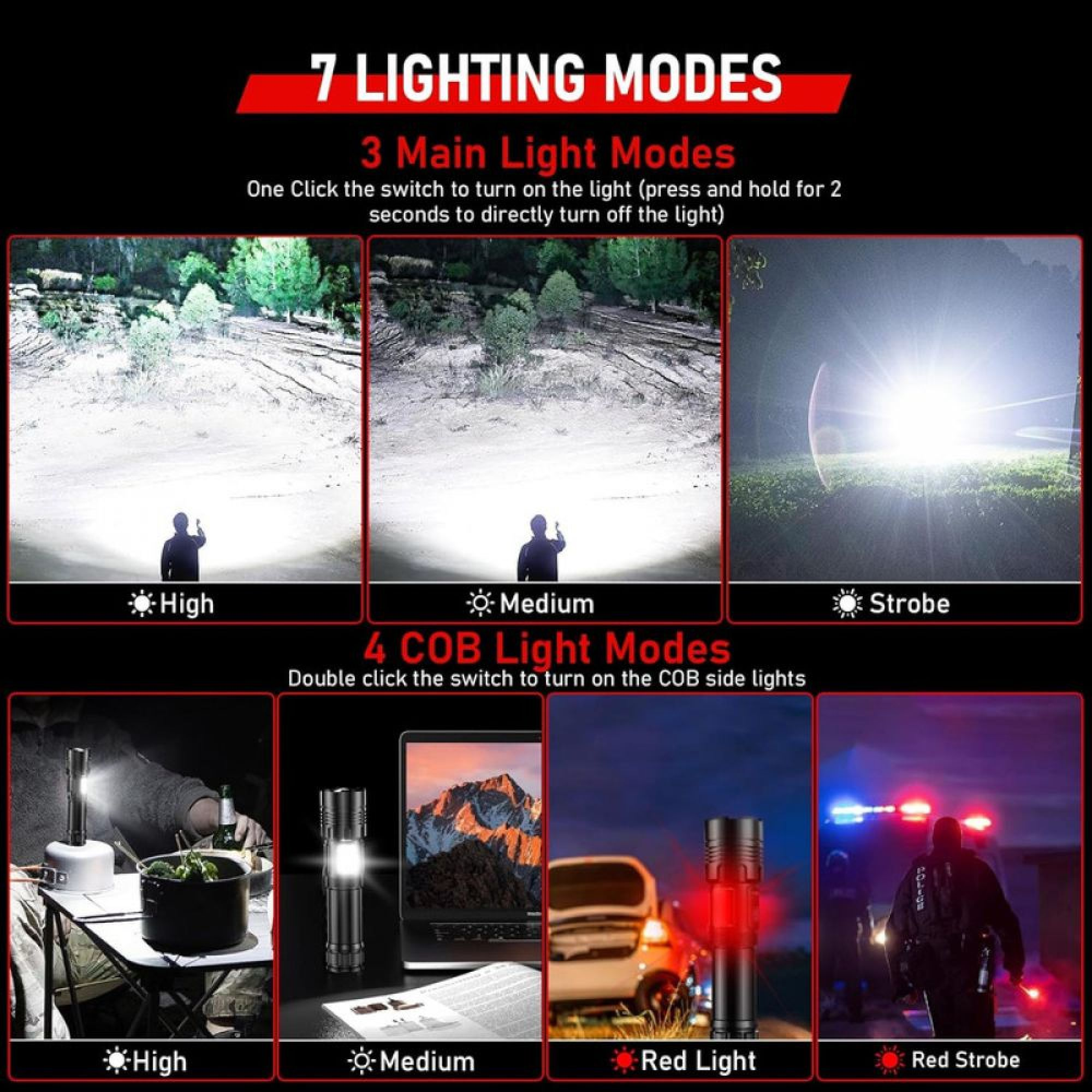Diagramm zeigt sieben verschiedene Lichtmodi einer Taschenlampe mit Textanleitungen.
