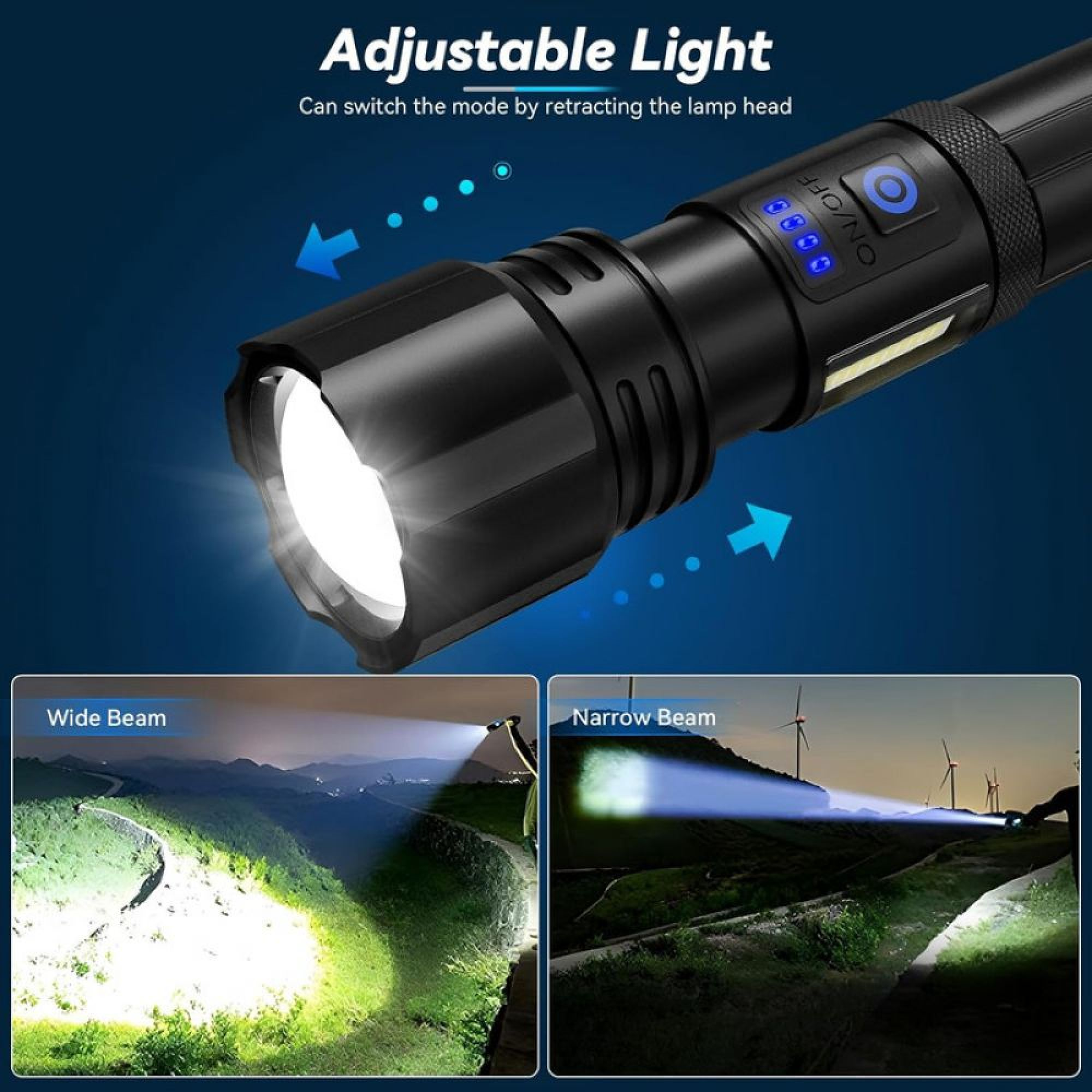 Verstellbare schwarze Taschenlampe mit Weit- und Schmalstrahlmodi vor einer bergigen Landschaft.