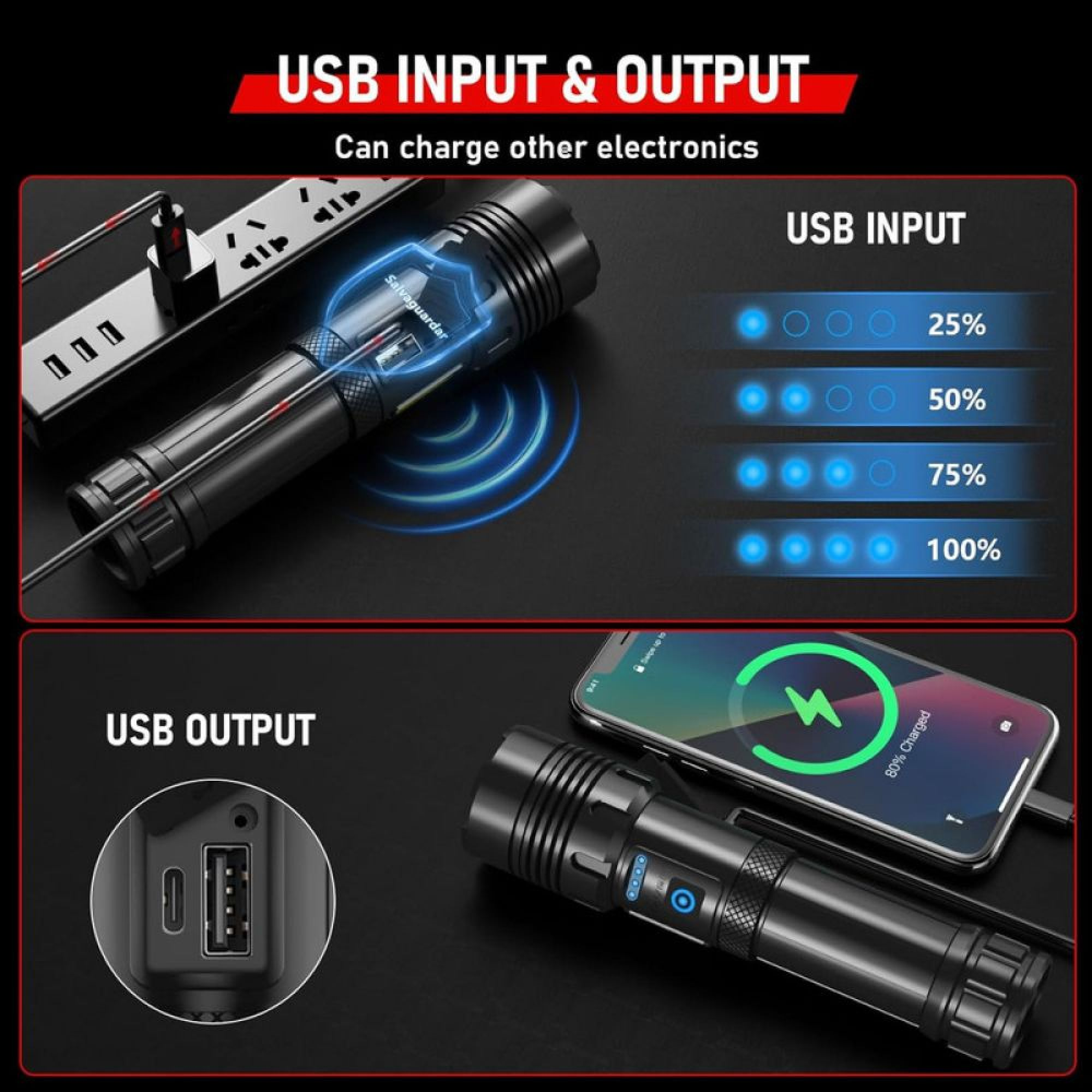Eine schwarze Taschenlampe mit USB-Ladefunktion, Ladeanzeige und der Fähigkeit, andere Geräte zu laden.