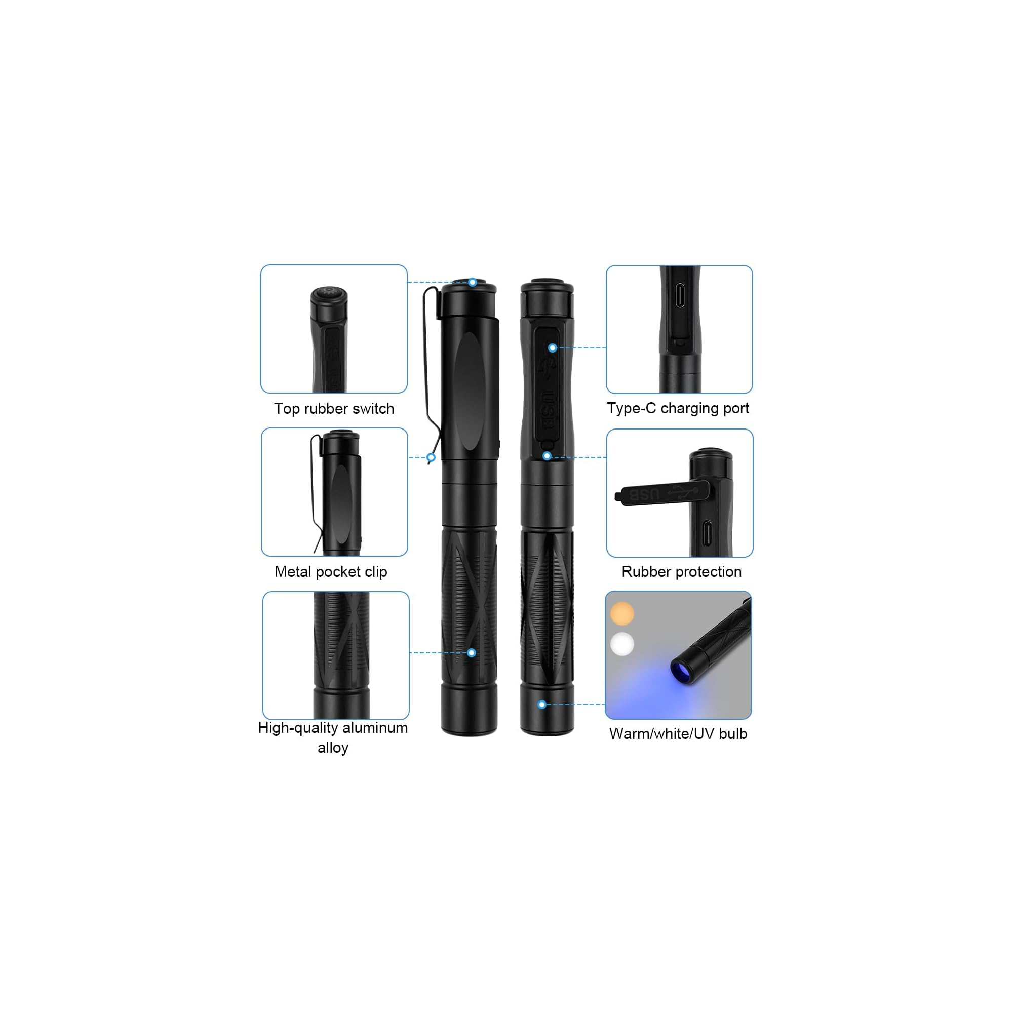 Diagramm einer schwarzen Stifttaschenlampe mit Erklärungen zu Schalter, Clip, Ladeanschluss und Lampentypen.