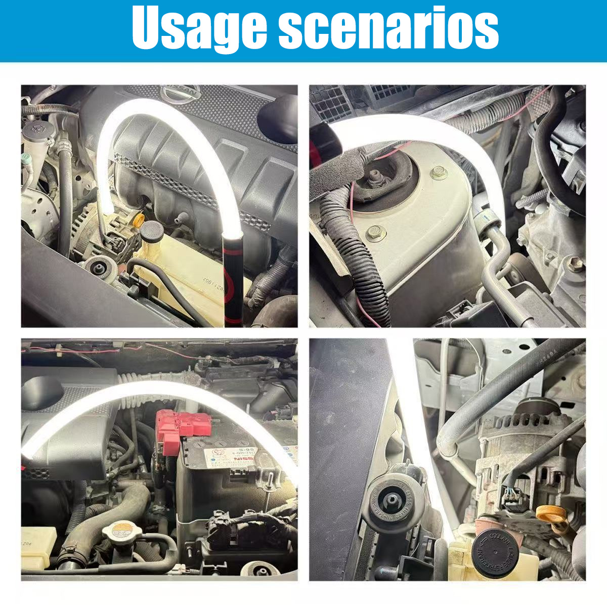Vier Ansichten einer flexiblen LED-Leuchte, die verschiedene dunkle Bereiche im Motorraum beleuchtet.