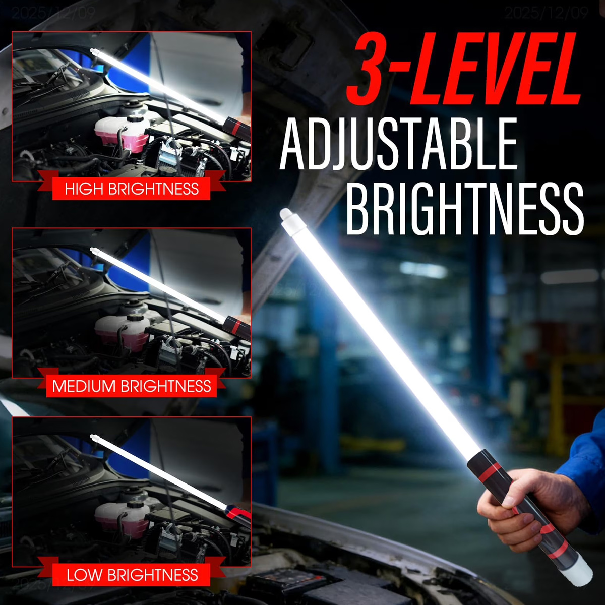 LED-Arbeitsleuchte mit 3 einstellbaren Helligkeitsstufen, eingesetzt im Auto.