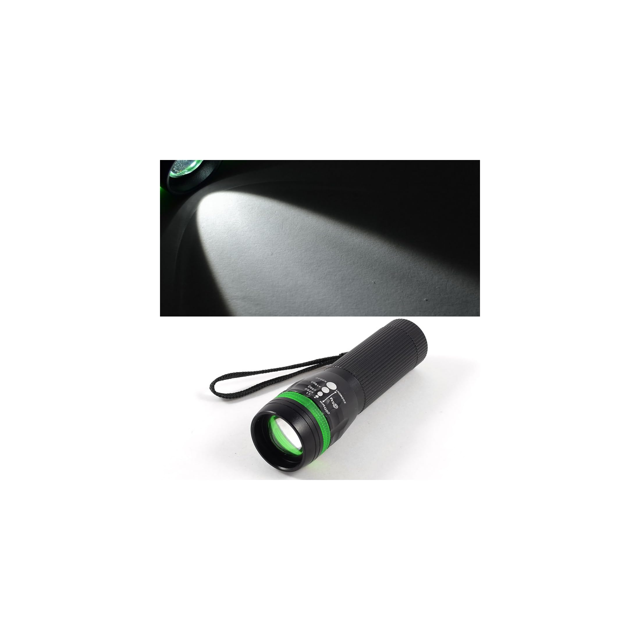 Eine schwarze Taschenlampe mit grünem Ring und Handschlaufe, die Licht auf eine helle Wand wirft.