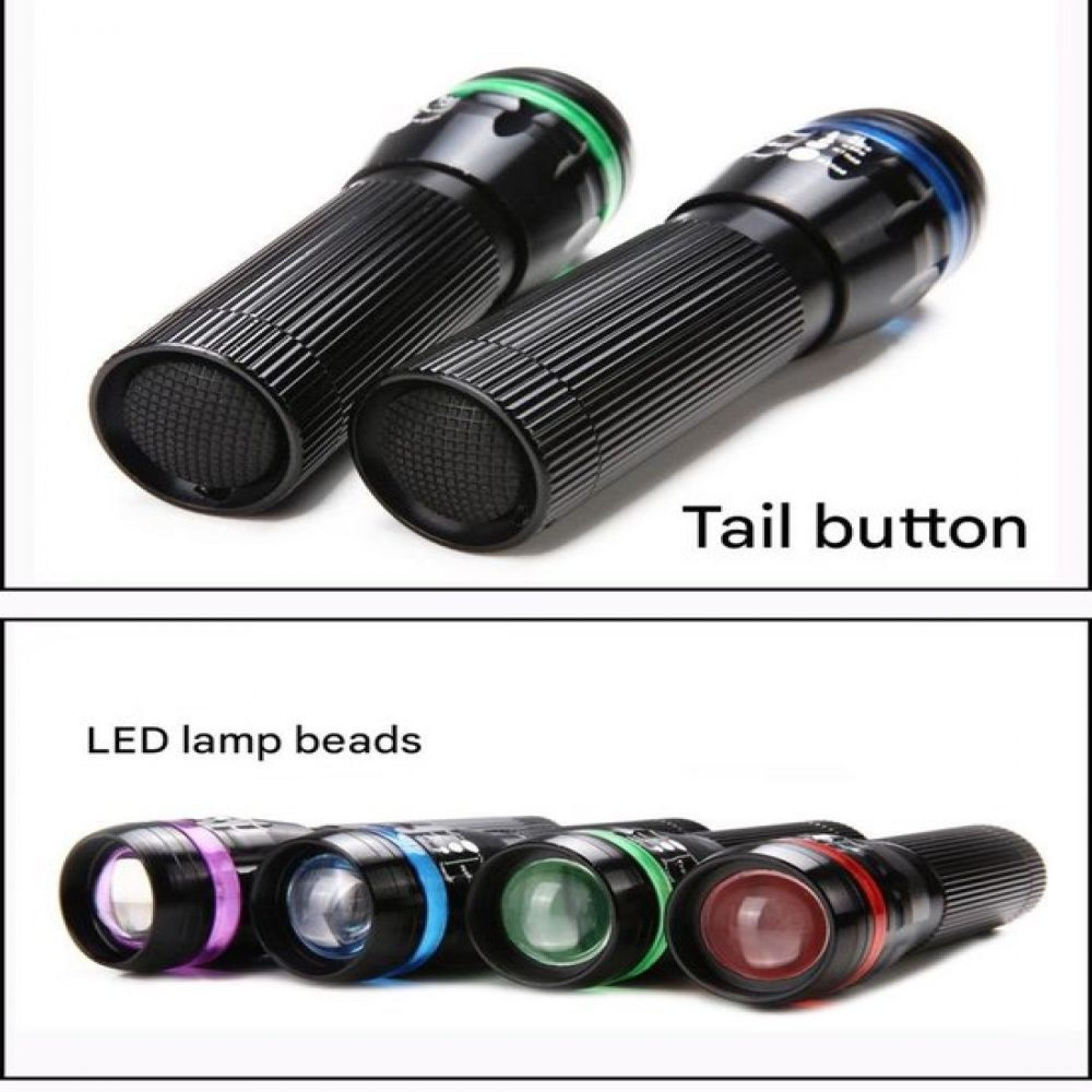 Zwei schwarze Taschenlampen zeigen den Heckknopf, unten vier Taschenlampen mit bunten LED-Lampenperlen.