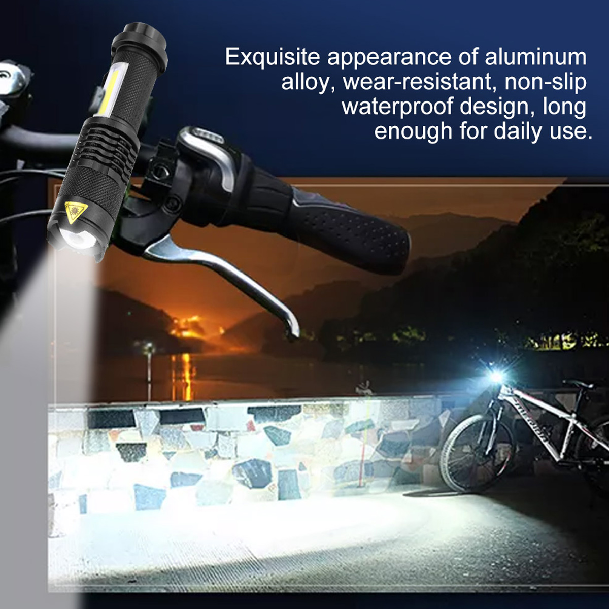 Aluminium-Fahrradlampe leuchtet nachts auf der Straße.
