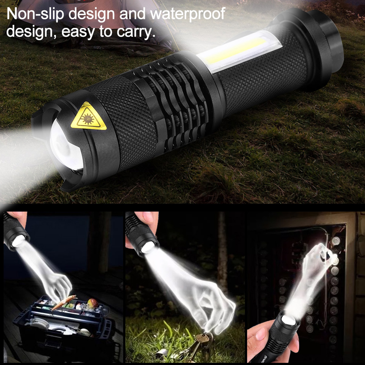 Schwarze Taschenlampe mit starkem LED-Licht und rutschfester Oberfläche, ideal für Camping und Outdoor.