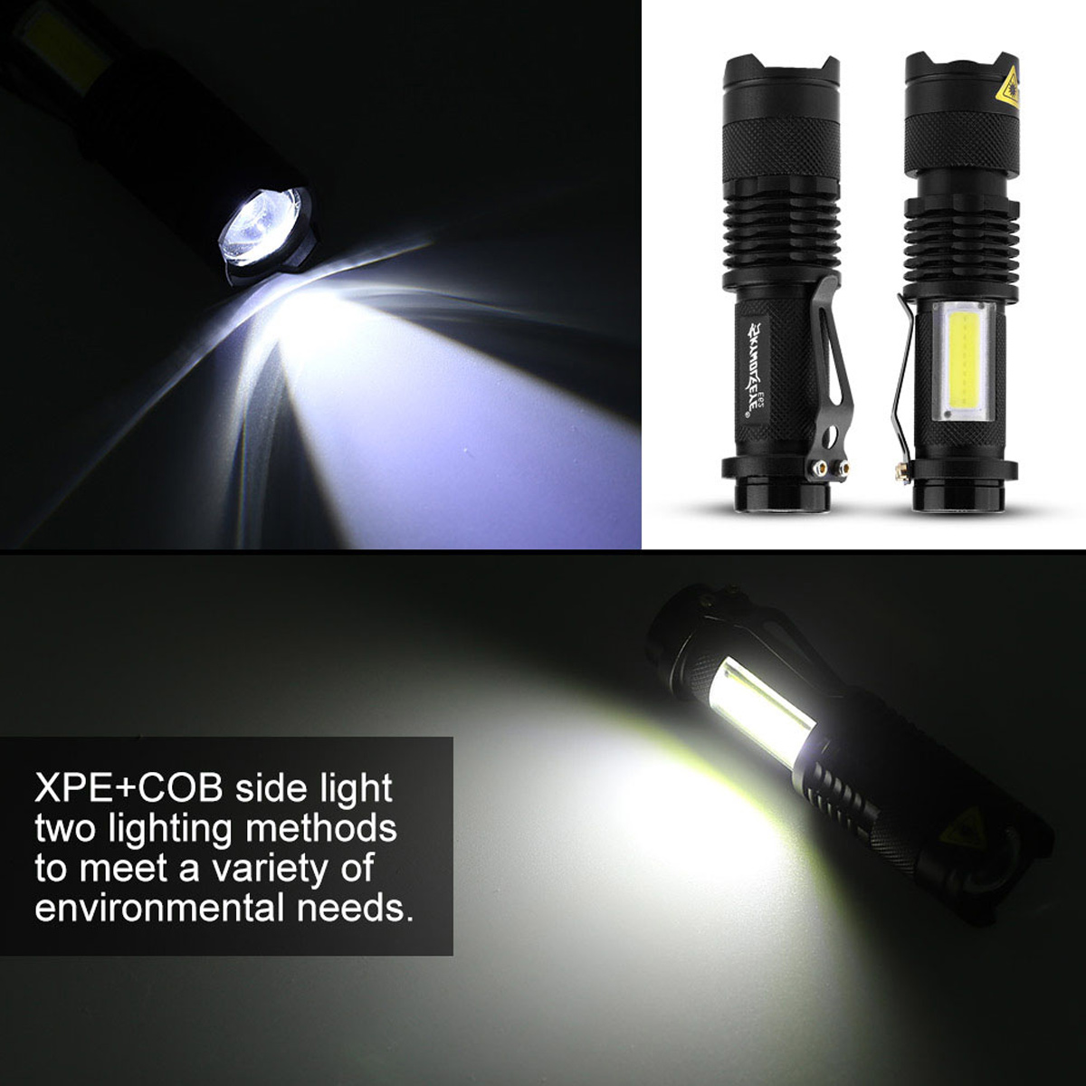 Schwarze Taschenlampe mit Front- und COB-Seitenlicht, zeigt verschiedene Leuchtmodi.
